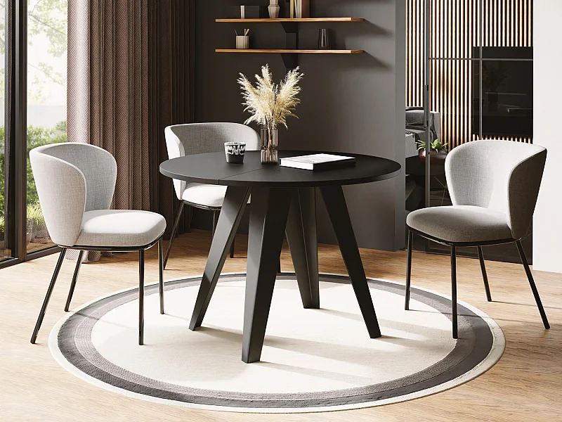 Esstisch Glory im Industriestil - Modern, Rund - Ausziehbar von 90 cm bis 130 cm, mit Pulverbeschichteten Metallbeinen, Tisch für Kleine Küche - Schwarz