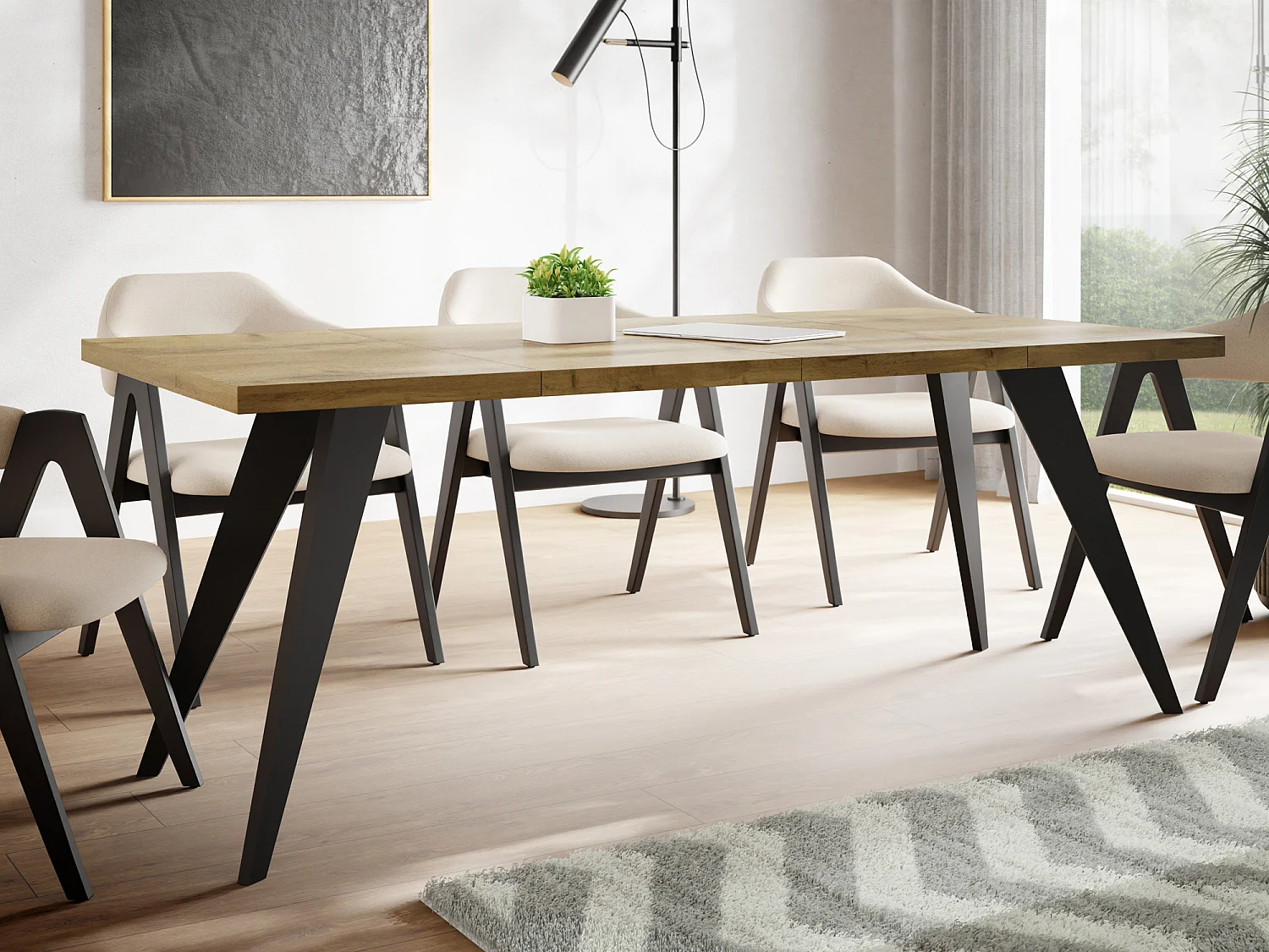 Table à Manger Carrée Extensible Quadro 100-200 cm - Table de Salle à Manger Industrielle avec Pieds Noirs pour 4-8 Personnes - Style Loft - Chêne Wotan