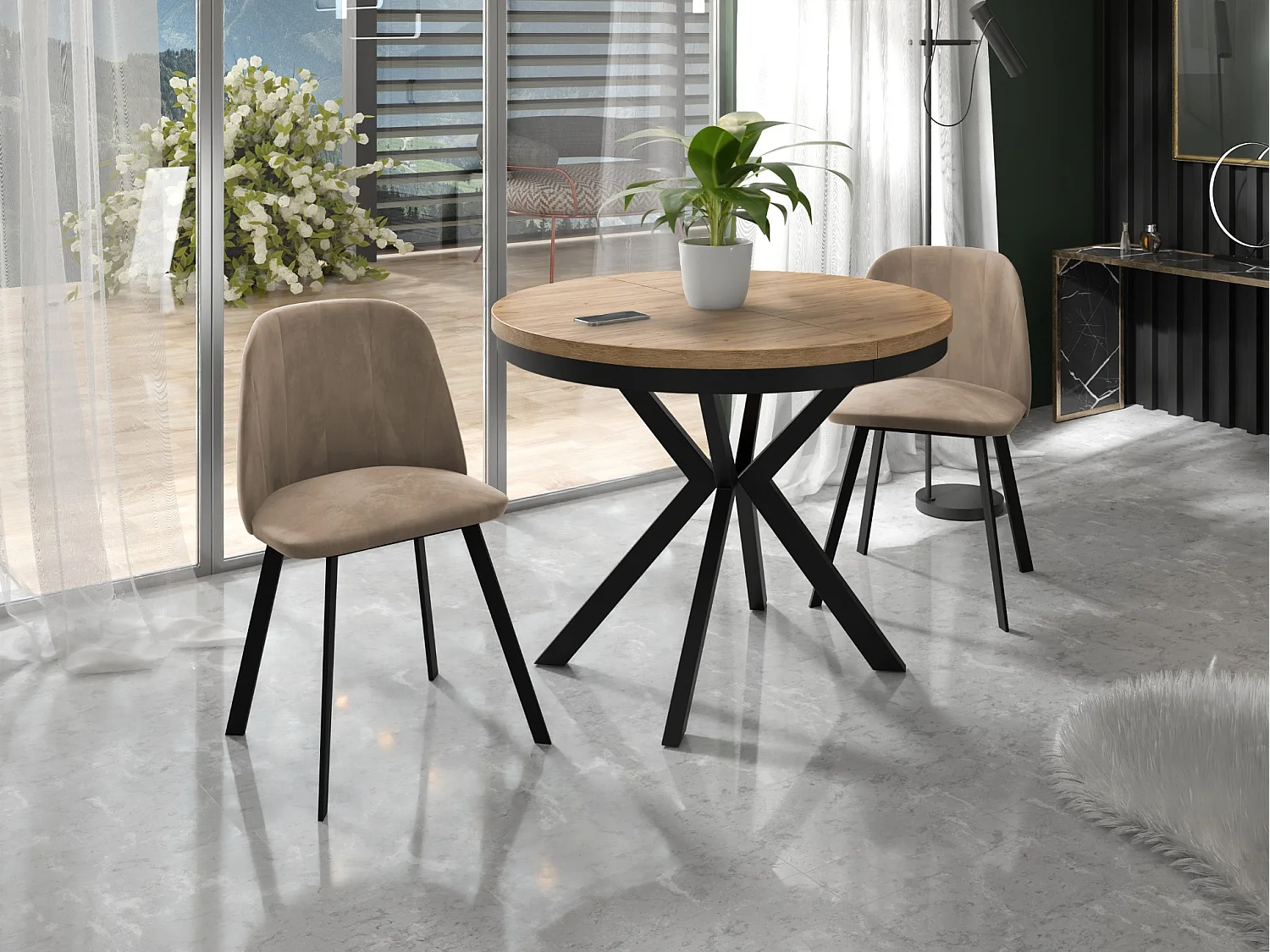 Runder Ausziehbarer Esstisch - Loft Style Tisch mit Metallbeinen - 90 bis 170 cm - Industrieller Tisch für Wohnzimmer - Kompakt - 90 cm - Craft Eiche