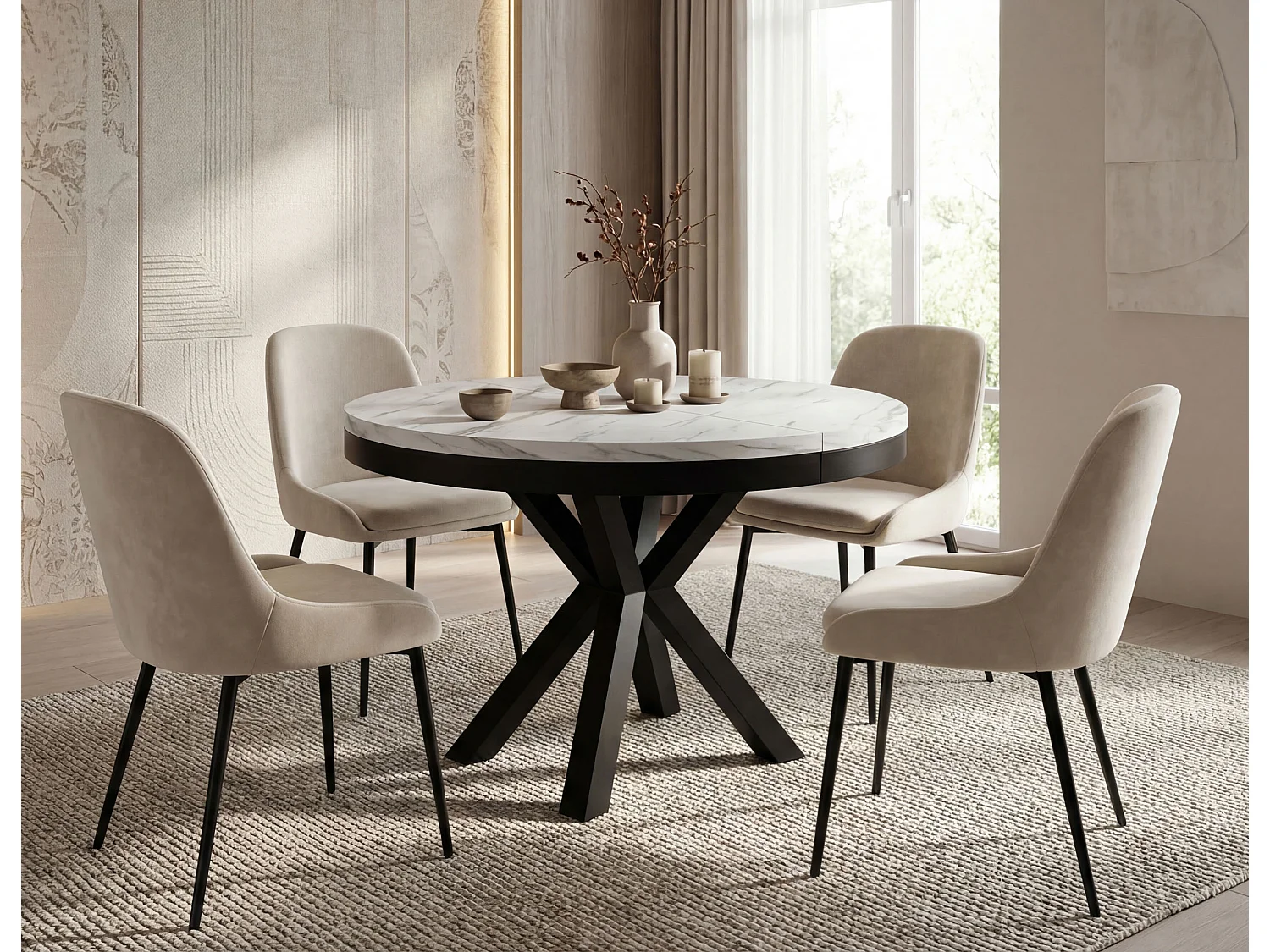 Runder Ausziehbarer Esstisch im Loft-Stil - Industrieller Tisch mit Schwarzen Metallbeinen - Platzsparender Tisch für Wohnzimmer - Marmor Weiß - 120 bis 200 cm