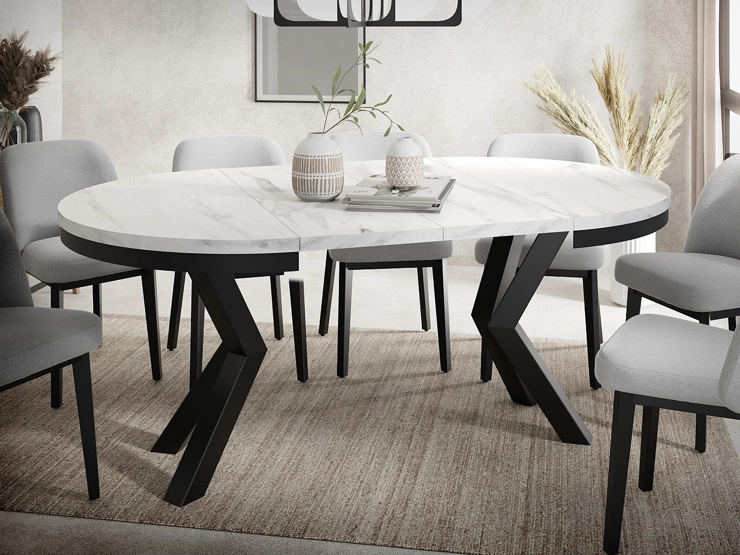 Runder Ausziehbarer Esstisch im Loft-Stil - Industrieller Tisch mit Schwarzen Metallbeinen - Platzsparender Tisch für Wohnzimmer - Marmor Weiß - 120 bis 200 cm