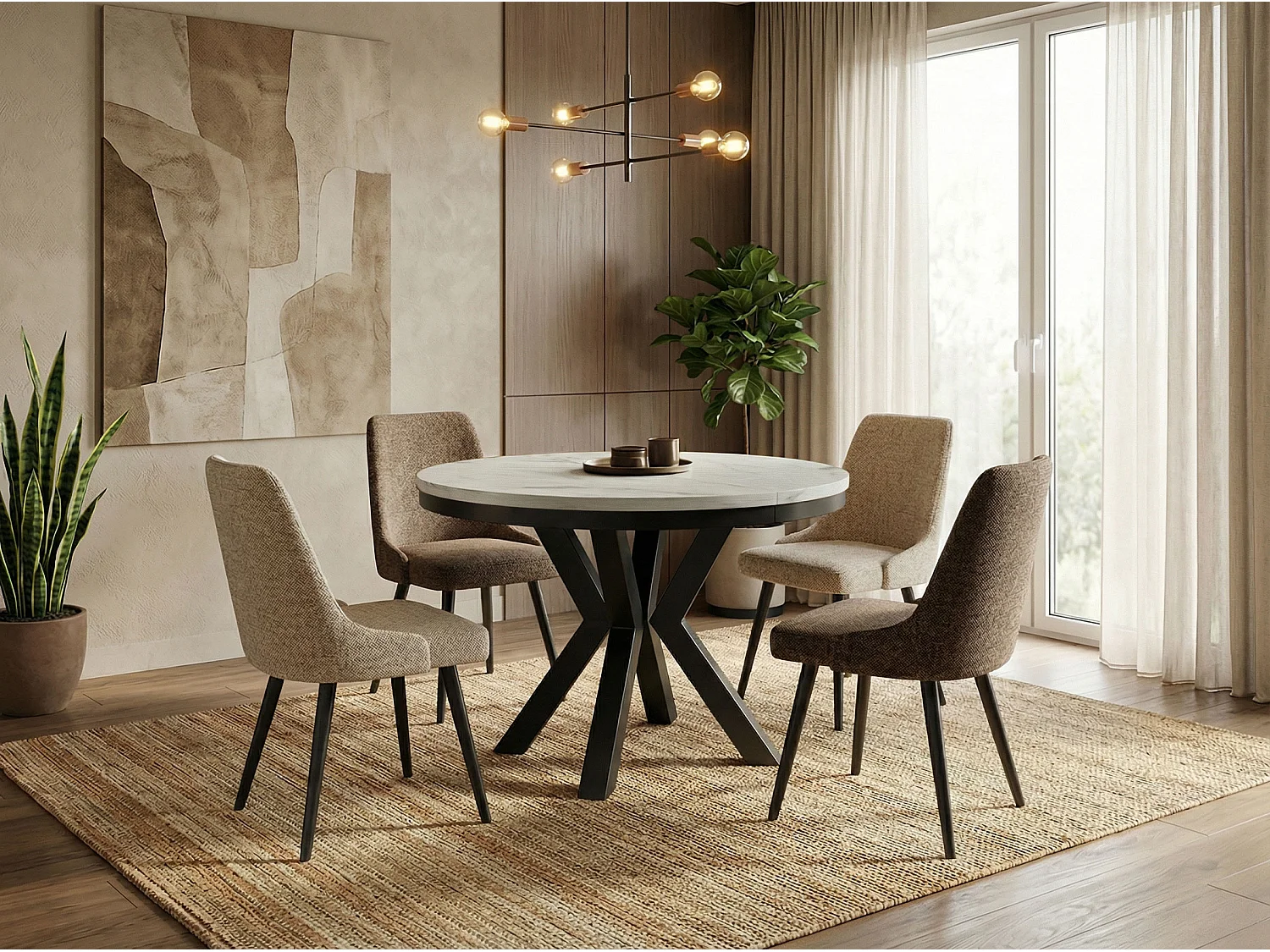 Runder Ausziehbarer Esstisch im Loft-Stil - Industrieller Tisch mit Schwarzen Metallbeinen - Platzsparender Tisch für Wohnzimmer - Marmor Weiß - 120 bis 200 cm