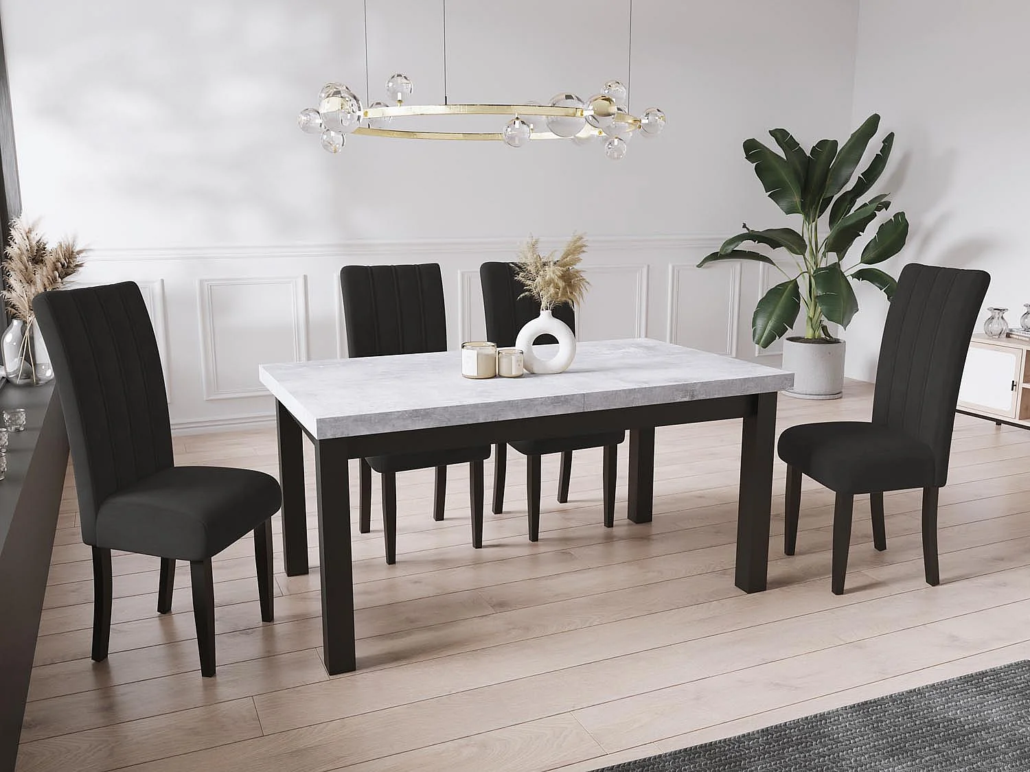 Table à Manger Extensible Rectangulaire Moderne - Gain de Place - Pieds en Bois Noir - Fabriqué en UE - 200 x 100 cm - Béton Gris