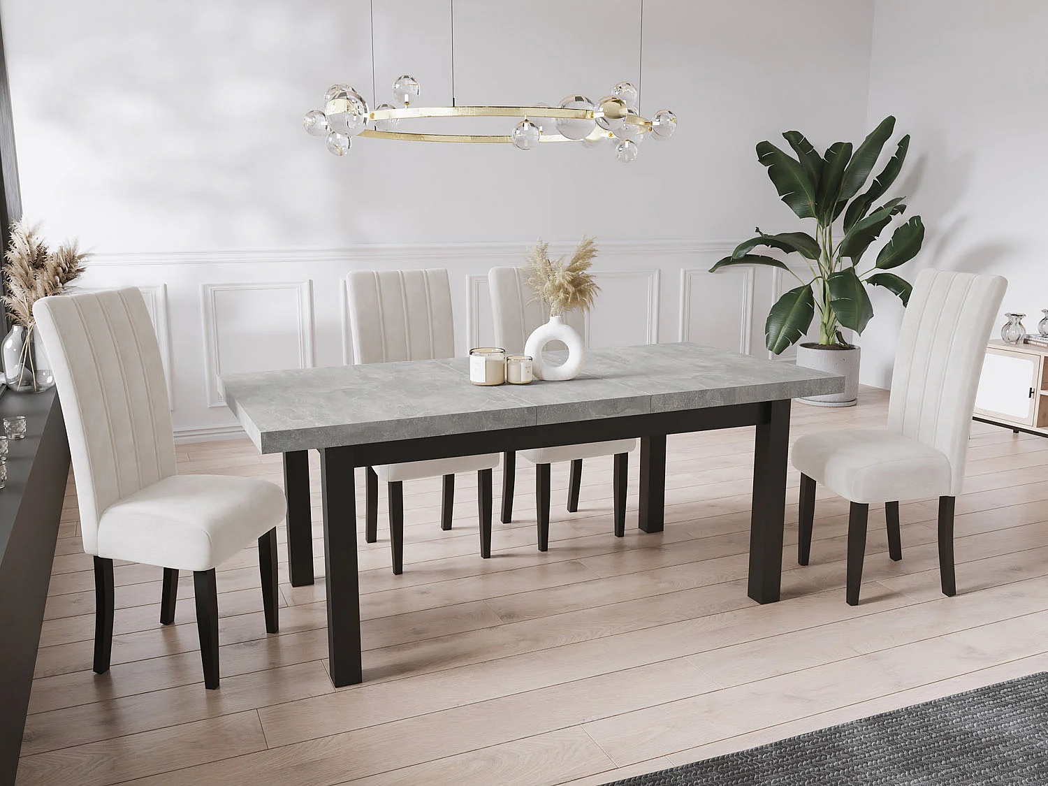 Table à Manger Extensible Rectangulaire Moderne - Gain de Place - Pieds en Bois Noir - Fabriqué en UE - 200 x 100 cm - Béton Gris
