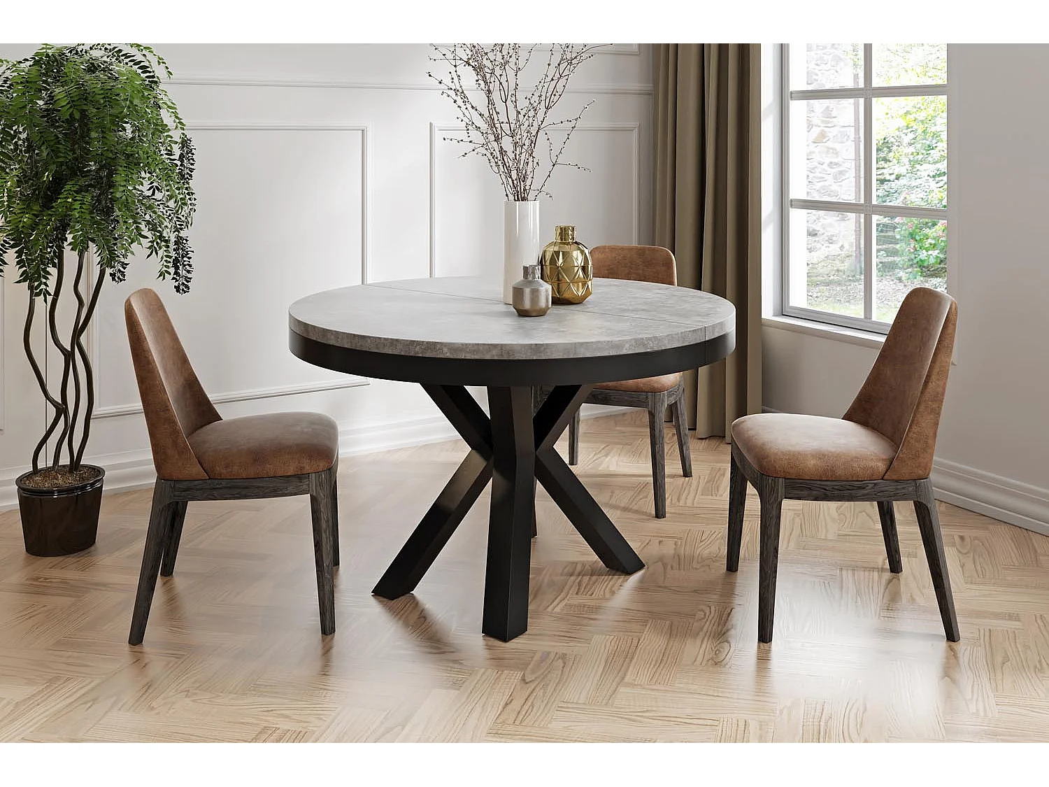 Table à Manger Ronde Extensible Style Loft – Table Industrielle avec Pieds en Métal Noir – Gain de Place pour Salon et Séjour – Gris Béton – 120 cm