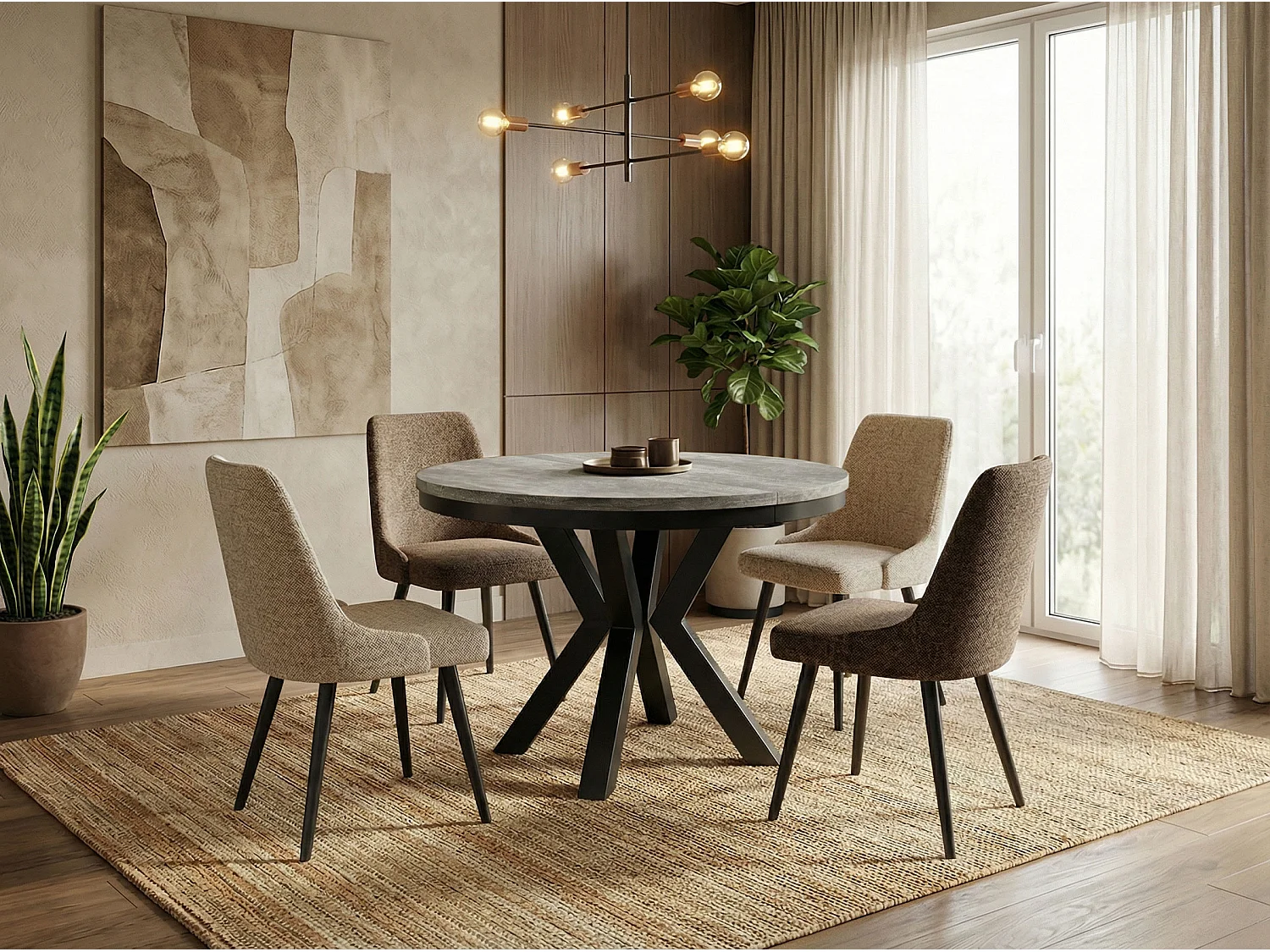 Runder Ausziehbarer Esstisch im Loft-Stil - Industrieller Tisch mit Schwarzen Metallbeinen - Platzsparender Tisch für Wohnzimmer - Grauer Beton - 120 bis 200 cm