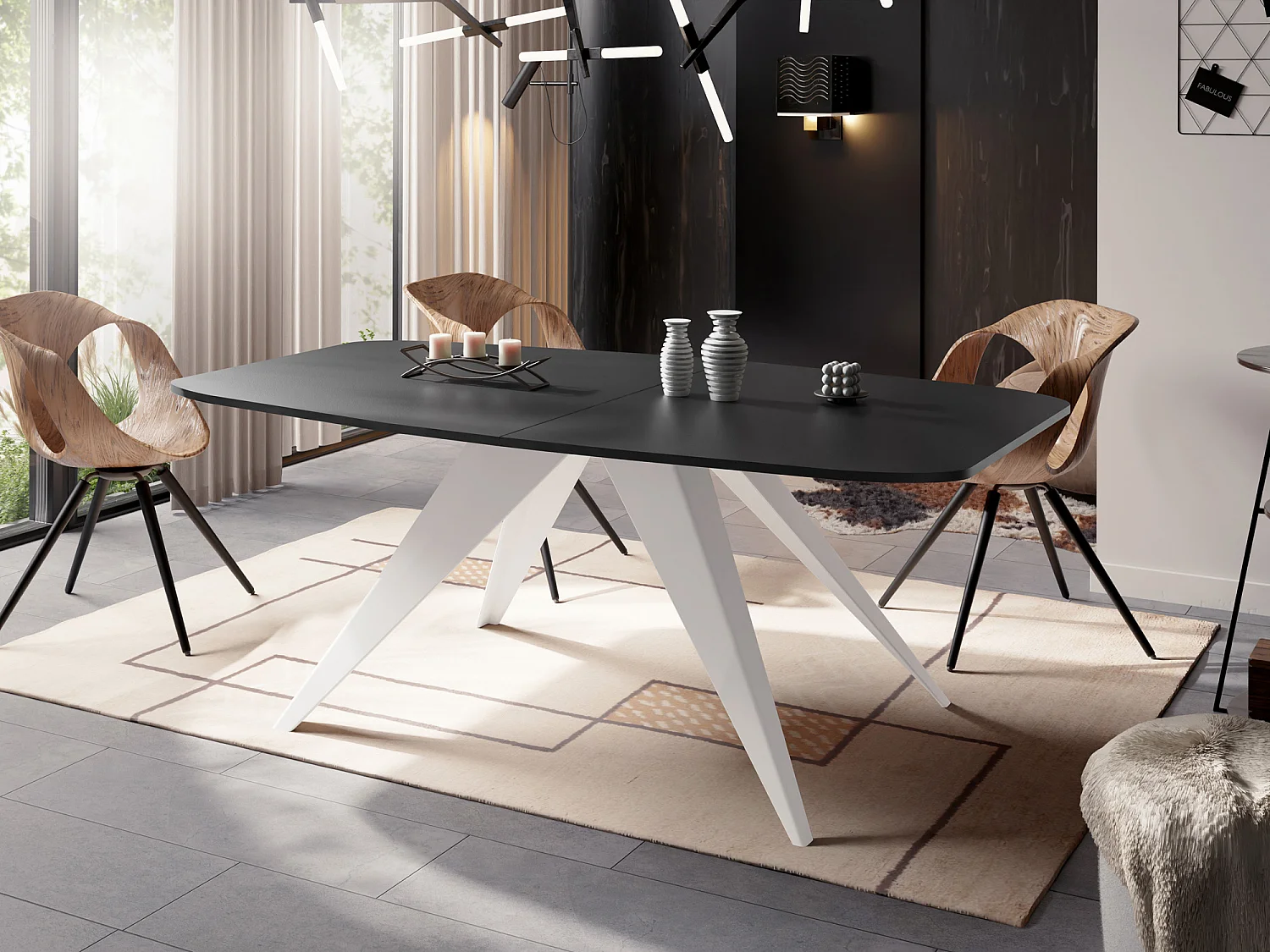 Table à Manger Extensible Style Loft - Table Industrielle avec Pieds Métalliques Blancs - Design Moderne pour Salon - 160 cm extensible à 200 cm - Noir