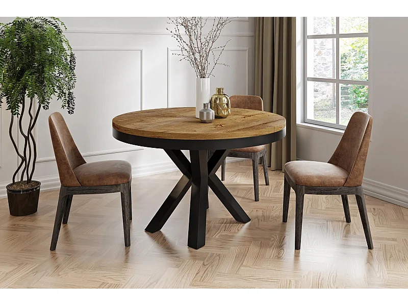 Table à Manger Ronde Extensible Style Loft – Table Industrielle avec Pieds en Métal Noir – Gain de Place pour Salon et Séjour – Chêne Lefkas – 100 cm