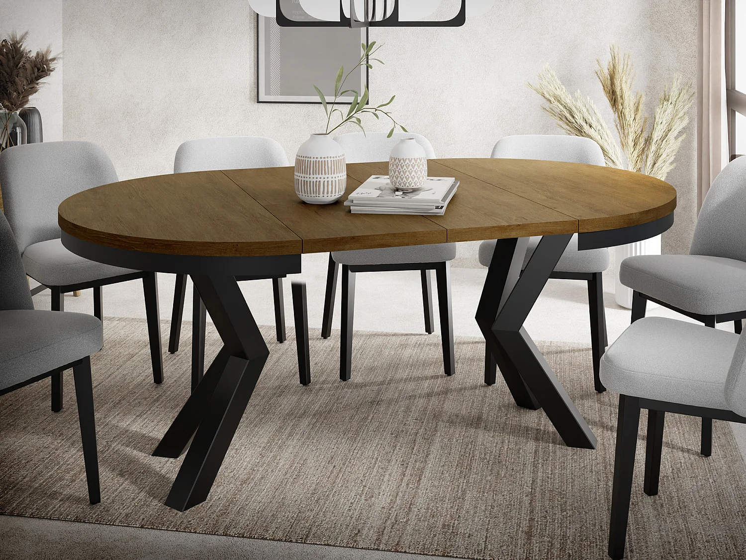 Runder Ausziehbarer Esstisch im Loft-Stil - Industrieller Tisch mit Schwarzen Metallbeinen - Platzsparender Tisch für Wohnzimmer - Lefkas Eiche - 100 bis 180 cm