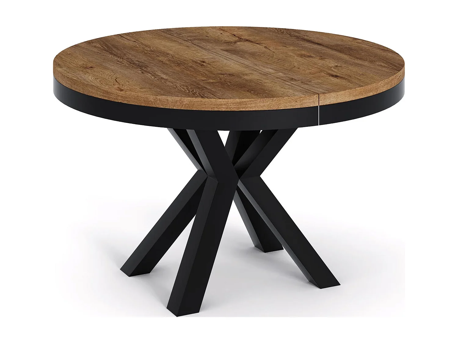 Runder Ausziehbarer Esstisch im Loft-Stil - Industrieller Tisch mit Schwarzen Metallbeinen - Platzsparender Tisch für Wohnzimmer - Lefkas Eiche - 100 bis 180 cm