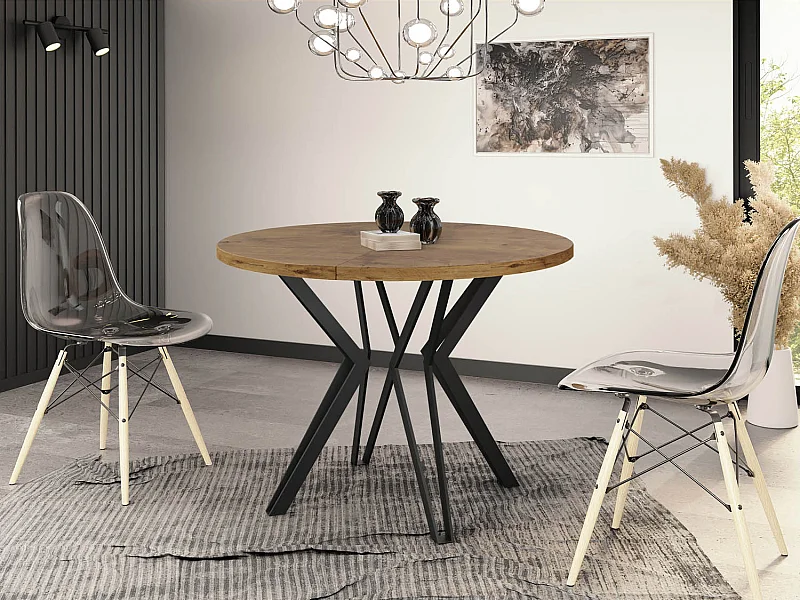 Runder Tisch für das Esszimmer - 100 oder 120 cm Durchmesser - Ausziehbarer Tisch mit Pulverbeschichteten Schwarzen Metallbeinen - 100 cm - Lancelot Eiche