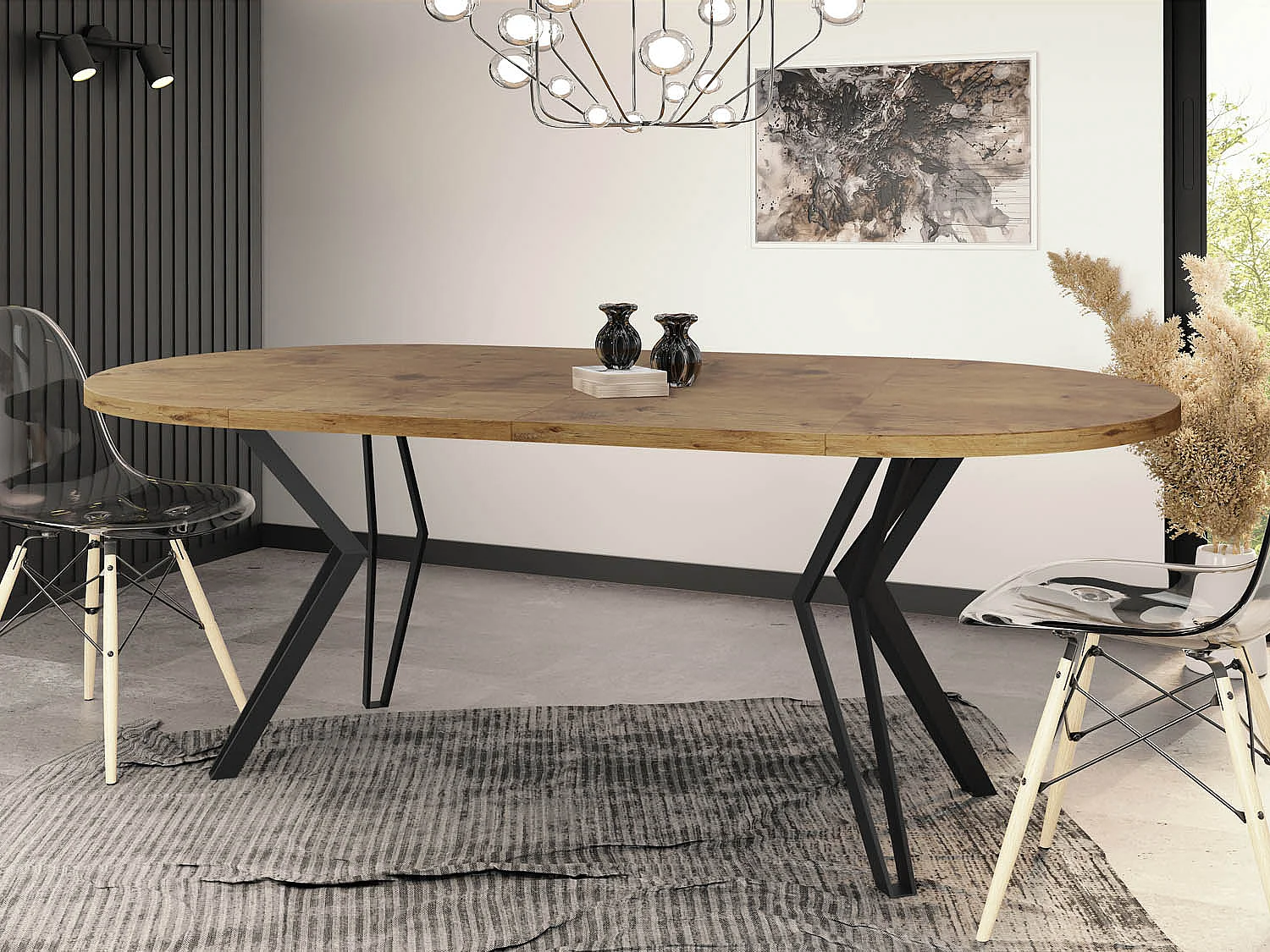 Runder Tisch für das Esszimmer - 100 oder 120 cm Durchmesser - Ausziehbarer Tisch mit Pulverbeschichteten Schwarzen Metallbeinen - 100 cm - Lancelot Eiche