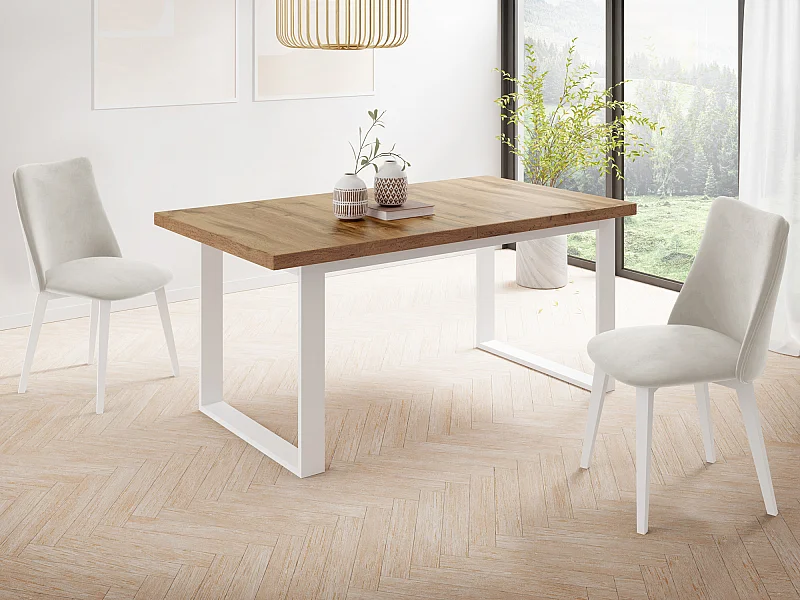 Table à Manger Rectangulaire Pour Salon - Table à Manger Style Loft Industriel Avec Pieds En Métal Blanc - Fabriqué en UE - 160 x 90 cm - Chêne Wotan