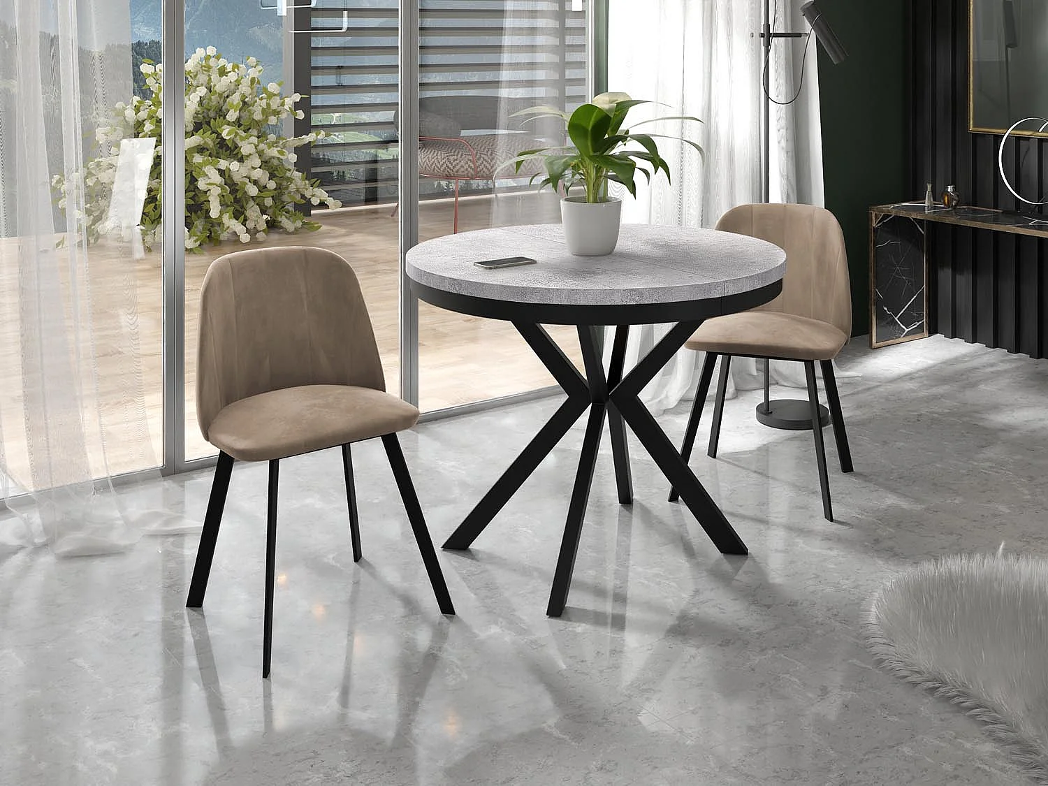 Runder Ausziehbarer Esstisch - Loft Style Tisch mit Metallbeinen - 120 bis 200 cm - Industrieller Tisch für Wohnzimmer - Kompakt - 120 cm - Beton Grau