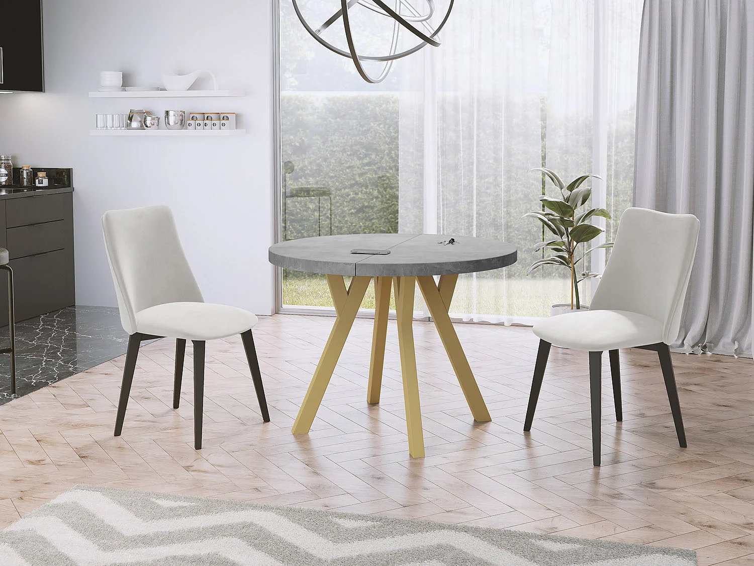 Designer Runder Ausziehbarer Esstisch - Loft-Stil, Platzsparend - Goldene Beine - 100 bis 200 cm - für 6-8 Personen - Hergestellt in EU - Beton Grau - 200 cm