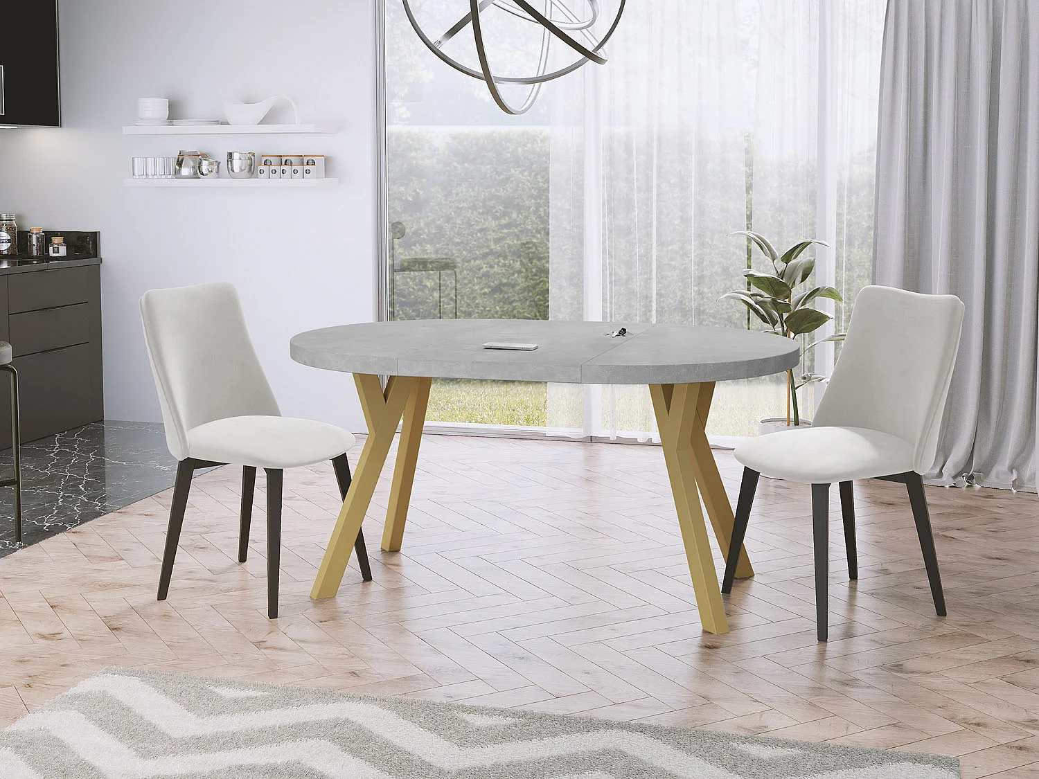 Designer Runder Ausziehbarer Esstisch - Loft-Stil, Platzsparend - Goldene Beine - 100 bis 200 cm - für 6-8 Personen - Hergestellt in EU - Beton Grau - 200 cm