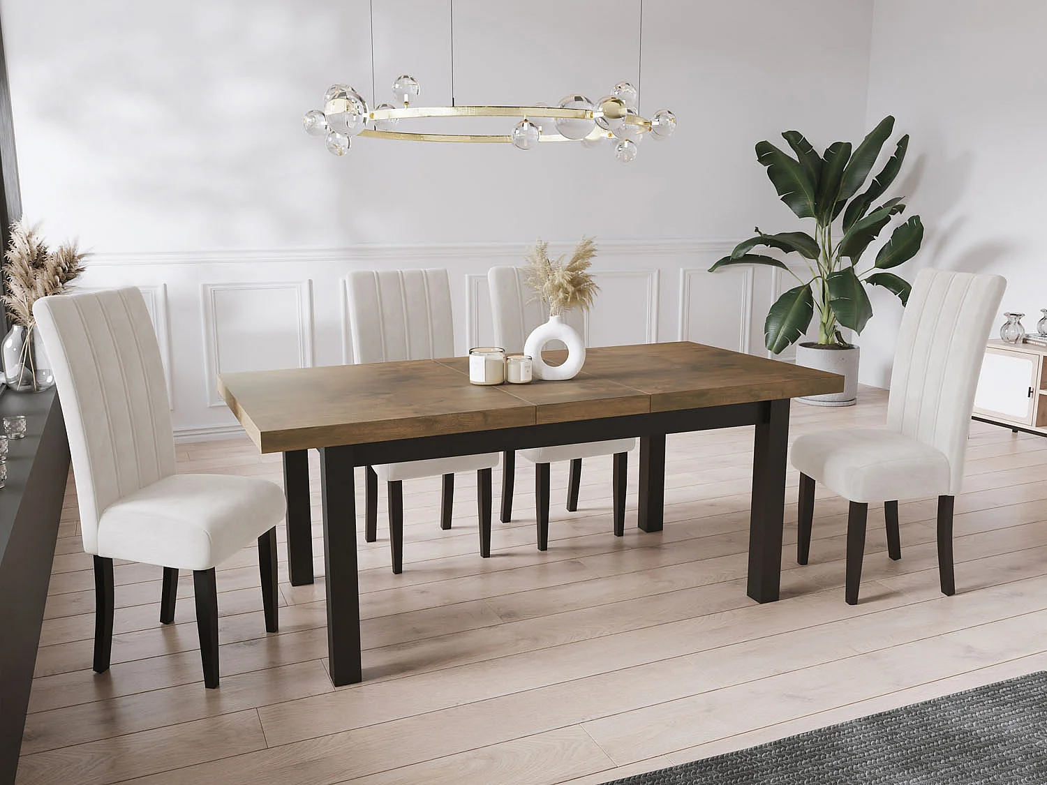 Moderner Rechteckiger Ausziehbarer Esstisch - Platzsparend - Schwarze Holzbeine - 120 bis 160 cm - Hergestellt in EU - 120 x 80 cm - Lefkas Eiche