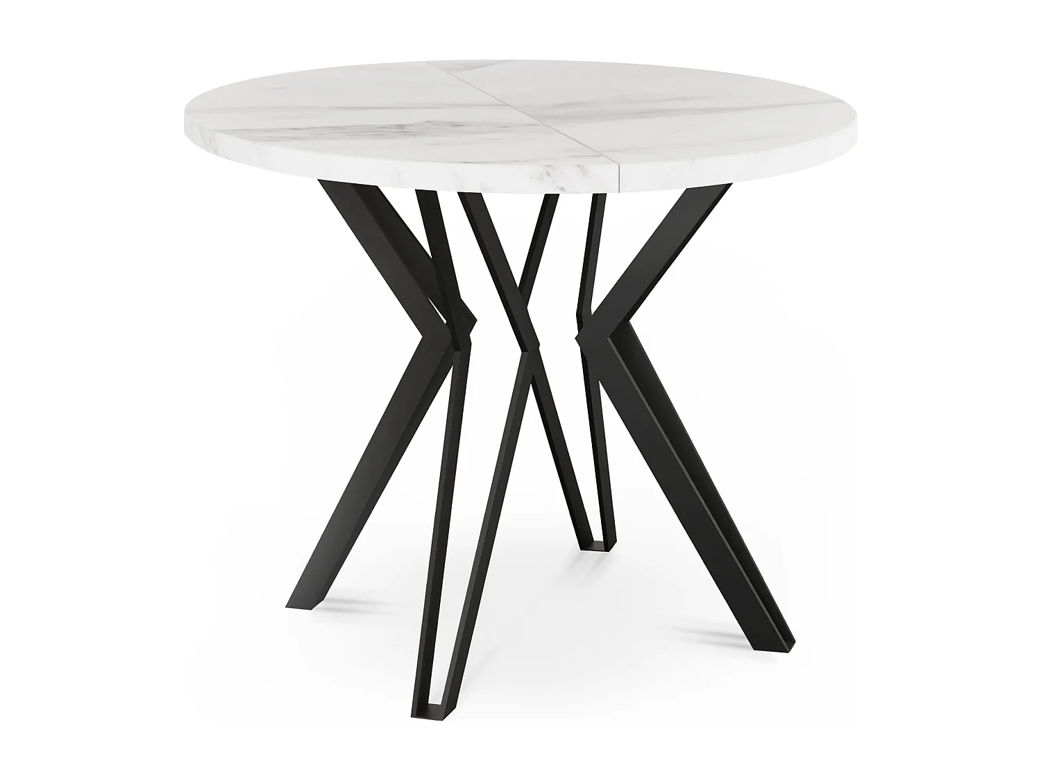 Table Ronde Salle à Manger - 100/176 cm de Diamètre - Table à Rallonges Avec Pieds en Métal Noir - Style Industriel - Compacte - Marbre Blanc