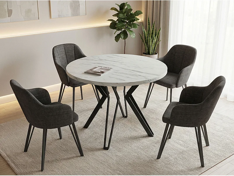 Runder Tisch für das Esszimmer - 100 oder 120 cm Durchmesser - Ausziehbarer Tisch mit Pulverbeschichteten Schwarzen Metallbeinen - 100 cm - Marmor Weiß