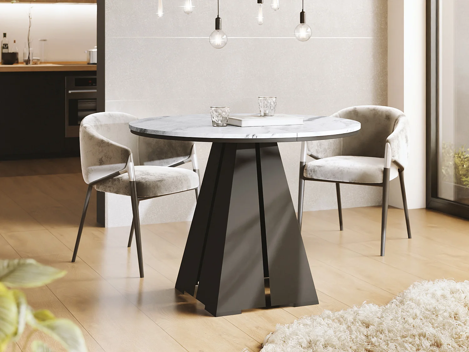 Runder Ausziehbarer Esstisch mit Schwarzem Metallgestell - Moderner Industrieller Tisch für Esszimmer oder Küche - 120 cm bis 200 cm - Made in EU - Marmor Weiß