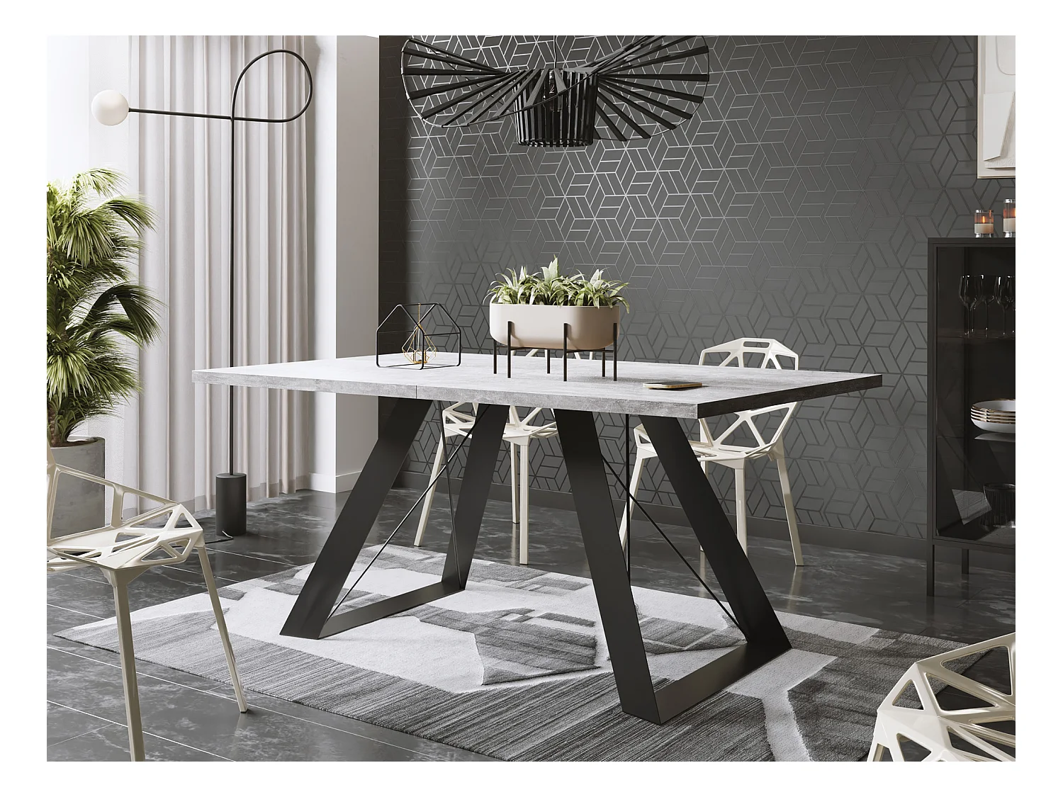 Esstisch Colter Schwarz im Modern Still, Rechteckig Tisch - Ausziehbar von 160 cm bis 260 cm, Pulverbeschichtete Weiße Metallbeine - 160 x 80 cm - Beton Grau