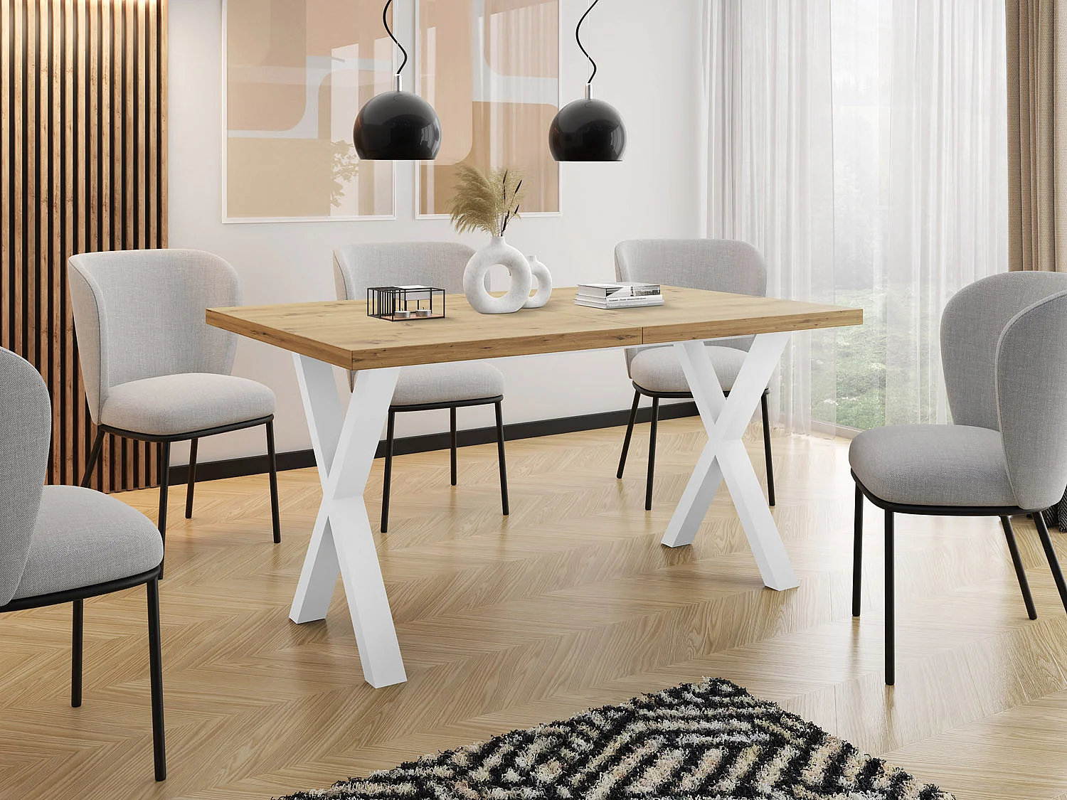 Rechteckiger Ausziehbarer Esstisch - Großer Modern-Stil Tisch mit Weißen Metallbeinen 120 140 160 cm bis 220 240 260 cm - Spacesaver - 160 x 90 cm - Lancelot Eiche
