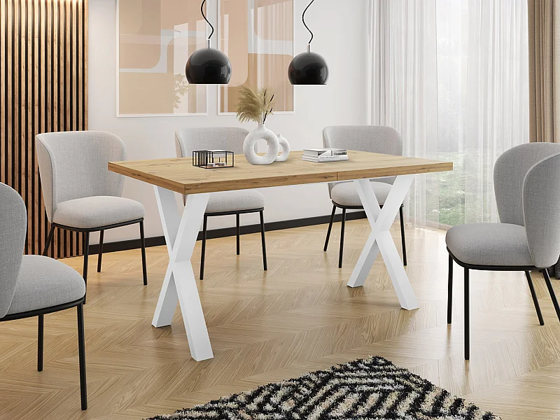 Rechteckiger Ausziehbarer Esstisch - Großer Modern-Stil Tisch mit Weißen Metallbeinen 120 140 160 cm bis 220 240 260 cm - Spacesaver - 160 x 90 cm - Lancelot Eiche