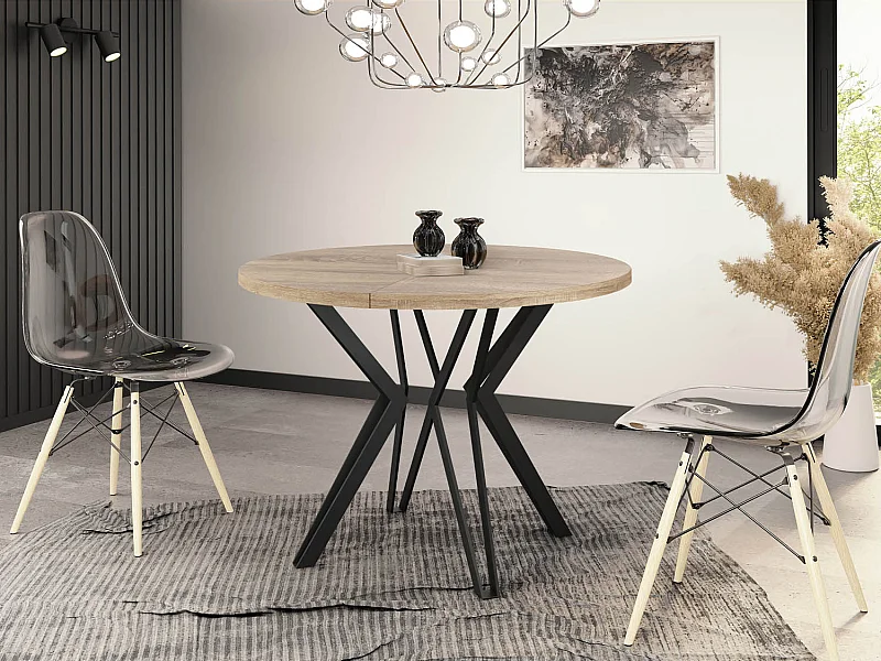 Table Ronde Salle à Manger - 100/176 cm de Diamètre - Table à Rallonges Avec Pieds en Métal Noir - Style Industriel - Compacte - Chêne Sonoma