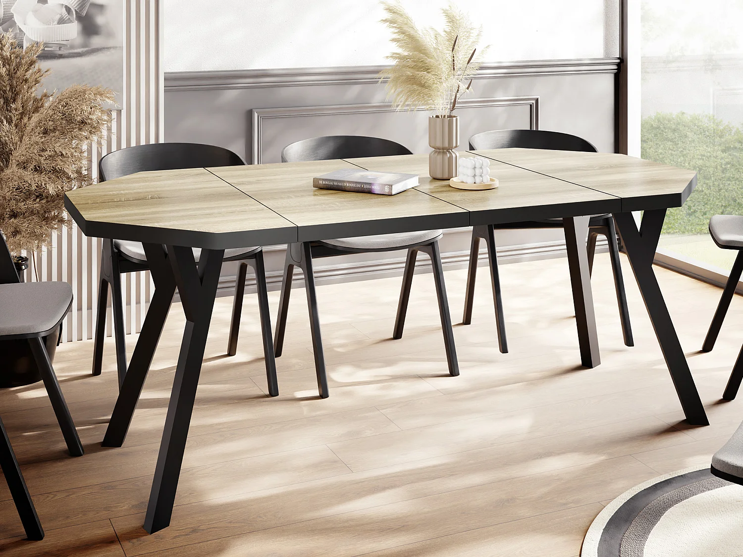 Moderner Runder Ausziehbarer Esstisch Desmond mit Schwarz Holzbeinen – Erweiterbar bis 200 cm, Ideal für 4 bis 8 Personen - Loft-Stil Tisch für Küche - Sonoma Eiche