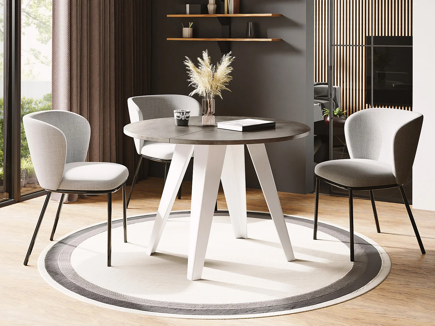 Esstisch Glory Weiß im Industriestil - Rund - Ausziehbar von 100 cm bis 140 cm, Pulverbeschichtete Metallbeine - Chicago Beton Grau