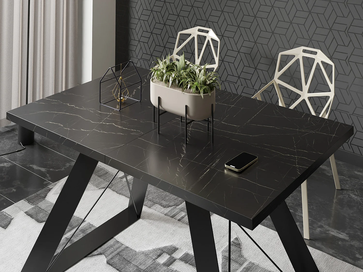 Table à Manger Extensible en Style Industriel - Pieds en Métal Robustes et Plusieurs Options de Plateau - Design Moderne pour Salle à Manger - 160 cm - Marbre Noir