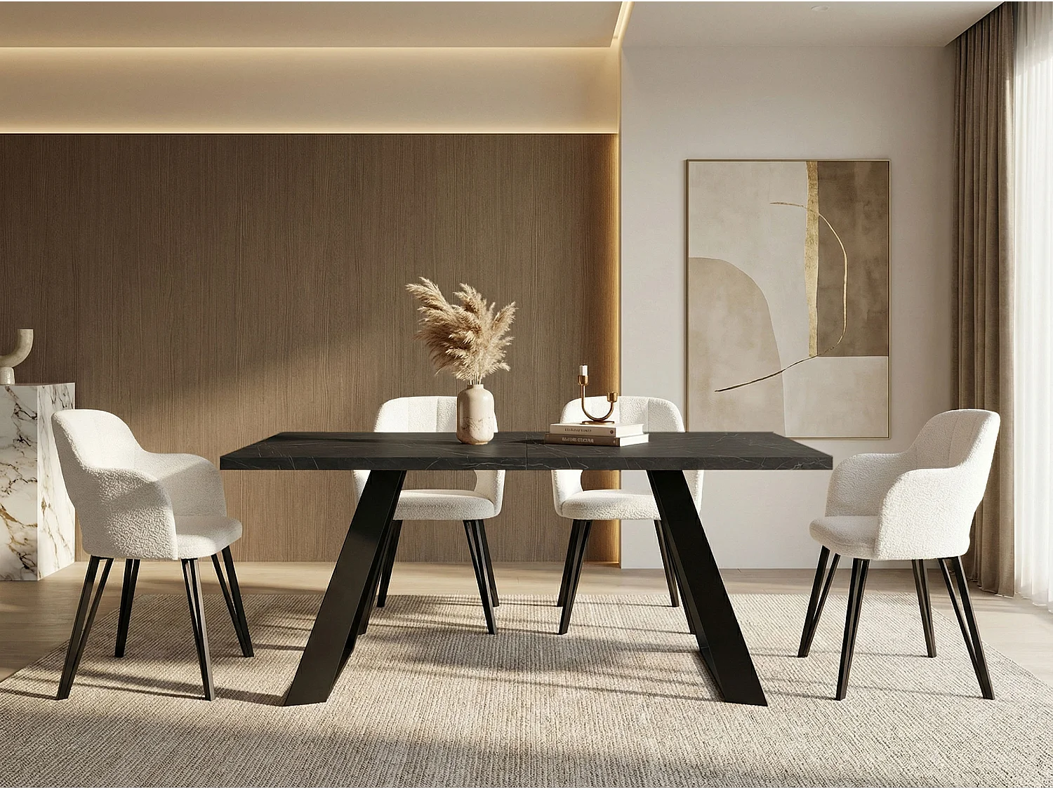 Esstisch Colter Schwarz im Modernen Still, Rechteckig Tisch - Ausziehbar von 160 cm bis 260 cm, Pulverbeschichtete Weiße Metallbeine - 160 x 80 cm - Marmor Schwarz