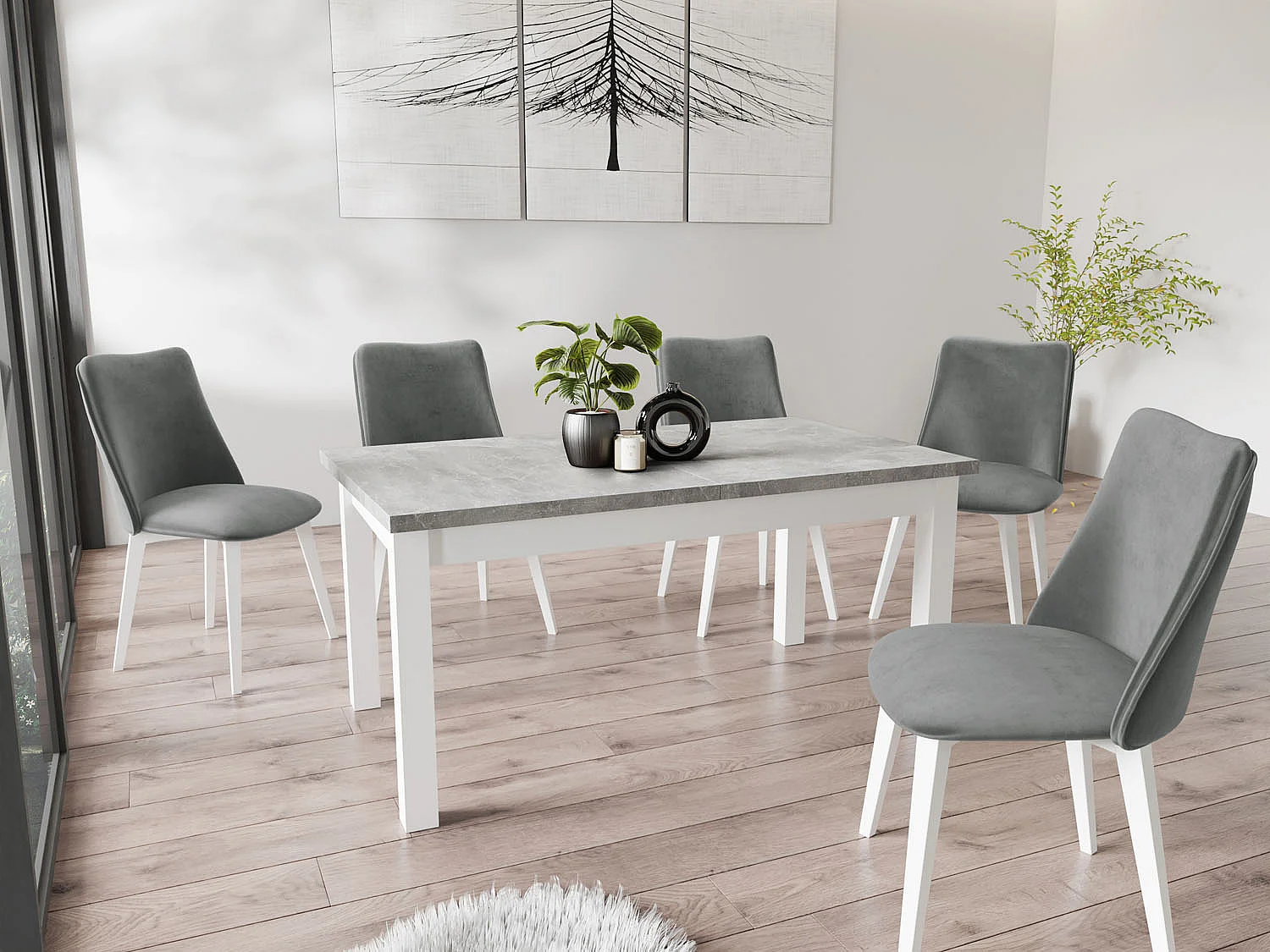 Moderner Rechteckiger Ausziehbarer Esstisch - Platzsparend - Weiße Holzbeine - 120 bis 160 cm - Hergestellt in EU - 120 x 67 cm - Grau Beton