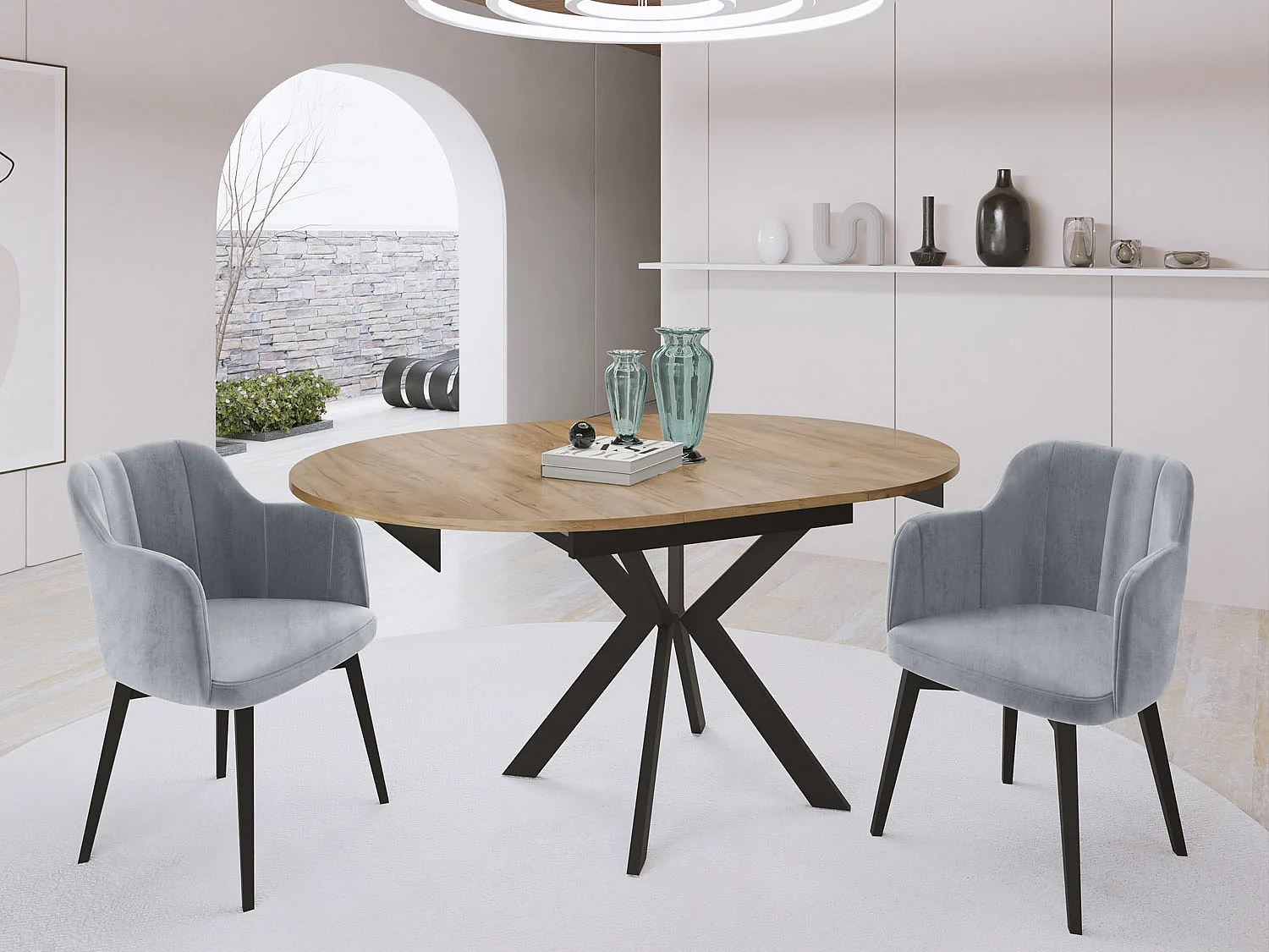 Runder Ausziehbarer Esstisch mit Schwarzen Metallbeinen - Aufbewahrung der Erweiterungsplatte im Inneren - Industrieller Tisch für Wohnzimmer - 100 cm - Craft Eiche