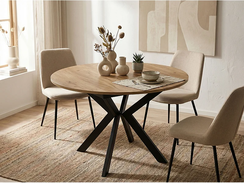 Table à Manger Extensible Ronde Avec Pieds en Métal Noir - Rangement Des Extensions à L'Intérieur - Table Style Industriel Pour Salon Séjour - 100 cm - Chêne Craft