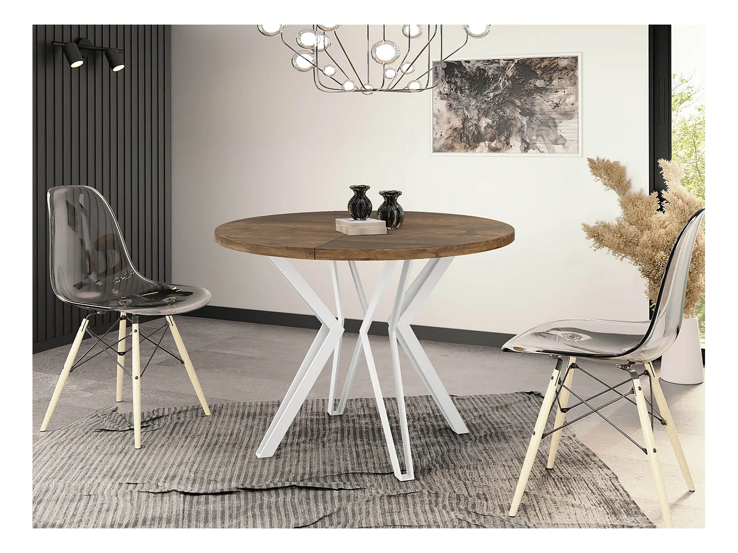 Runder Tisch für das Esszimmer - 100 oder 120 cm Durchmesser - Ausziehbarer Tisch mit Pulverbeschichteten Weißen Metallbeinen - 100 cm - Lefkas Eiche