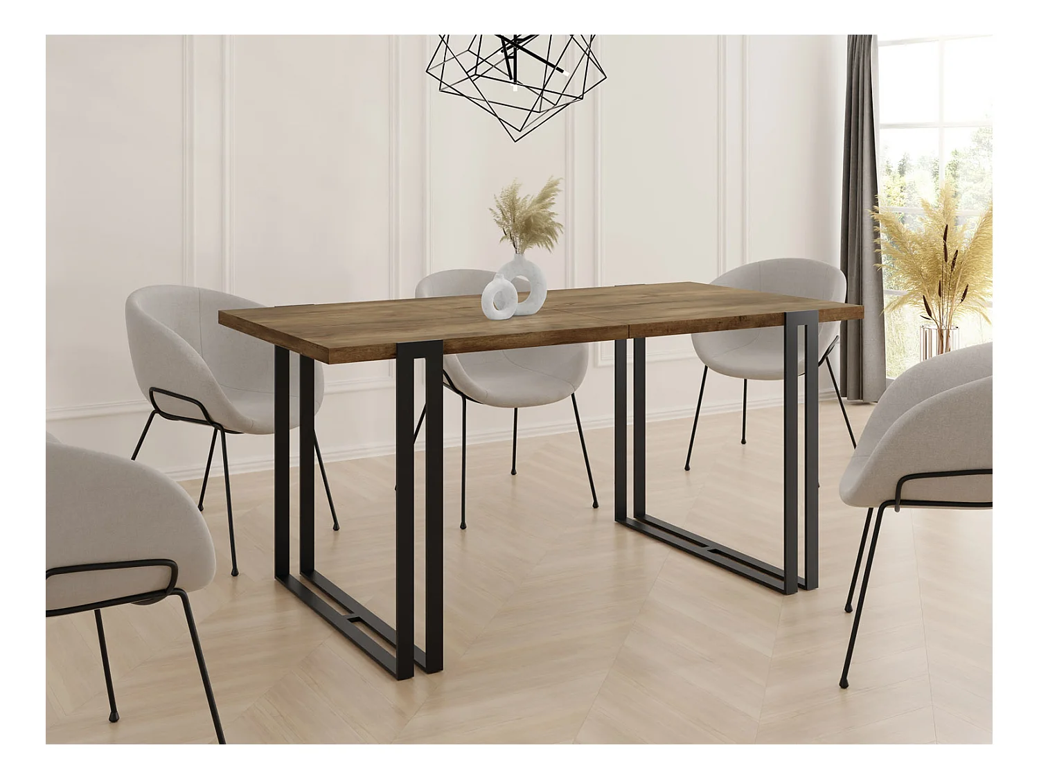Ausziehbarer Esstisch - Großer Tisch im Loft-Stil mit Schwarze Metallbeinen 120 bis 220 cm - Industrietisch für das Wohnzimmer - Lefkas Eiche - 120 x 80 cm