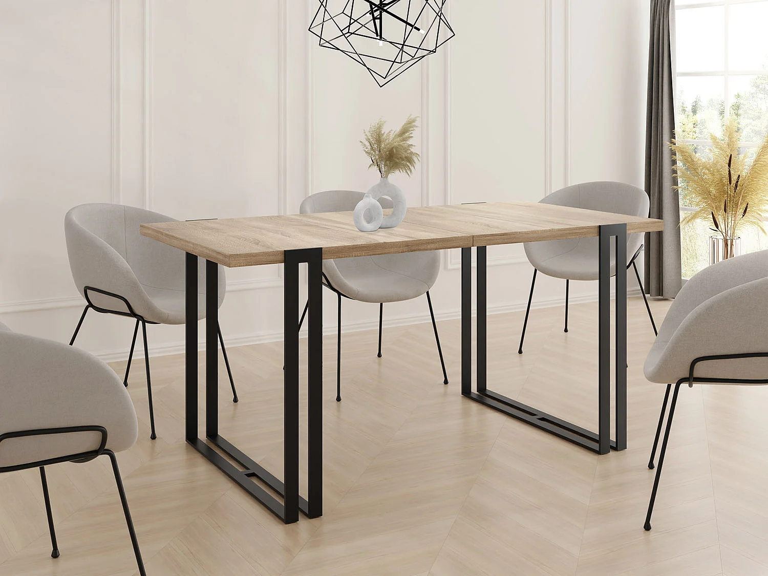 Ausziehbarer Esstisch - Großer Tisch im Loft-Stil mit Schwarze Metallbeinen 160 bis 260 cm - Industrietisch für das Wohnzimmer - Sonoma Eiche - 160 x 90 cm