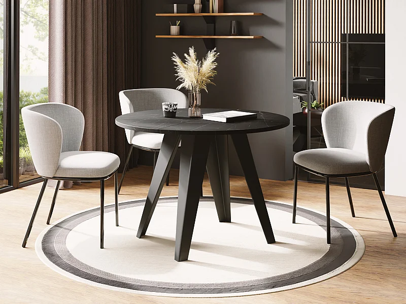 Table de Salle à Manger Ronde de Style Industriel - Moderne - Extensible de 100 cm à 140 cm - Pieds Métalliques Noirs - Marbre Noir