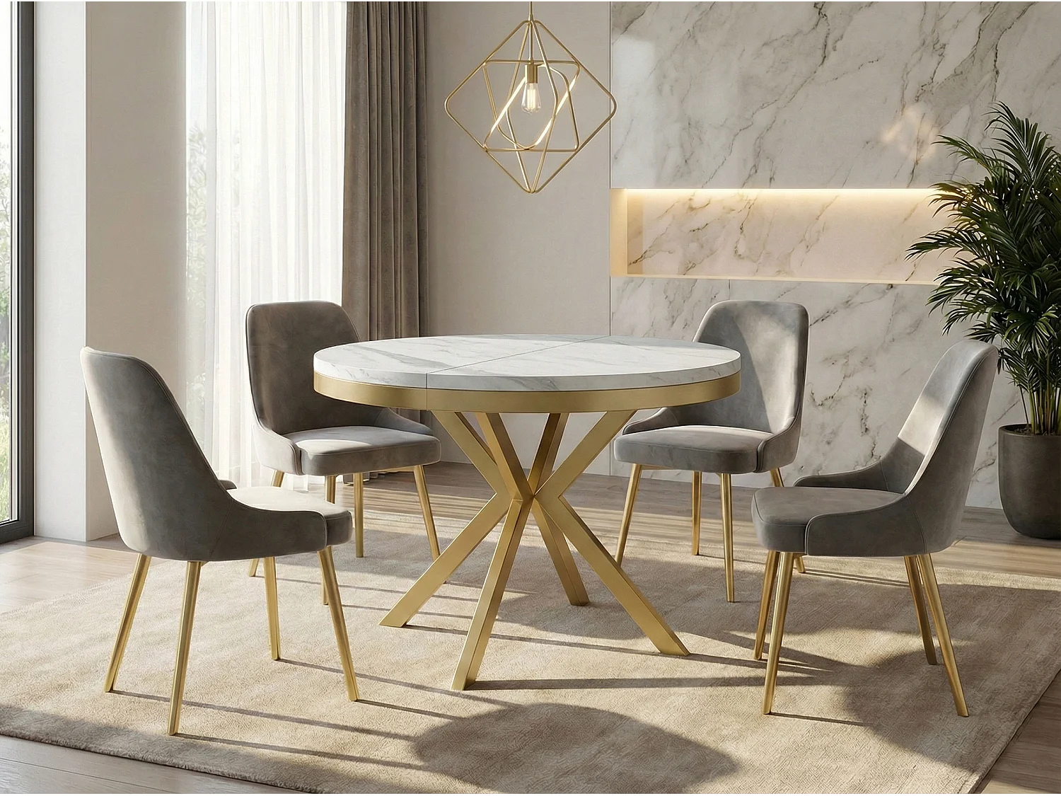 Runder Ausziehbarer Esstisch - Loft Style Tisch mit Goldenen Metallbeinen - 90 bis 170 cm - Industrieller Tisch für Wohnzimmer - Kompakt - 90 cm - Marmor Weiß