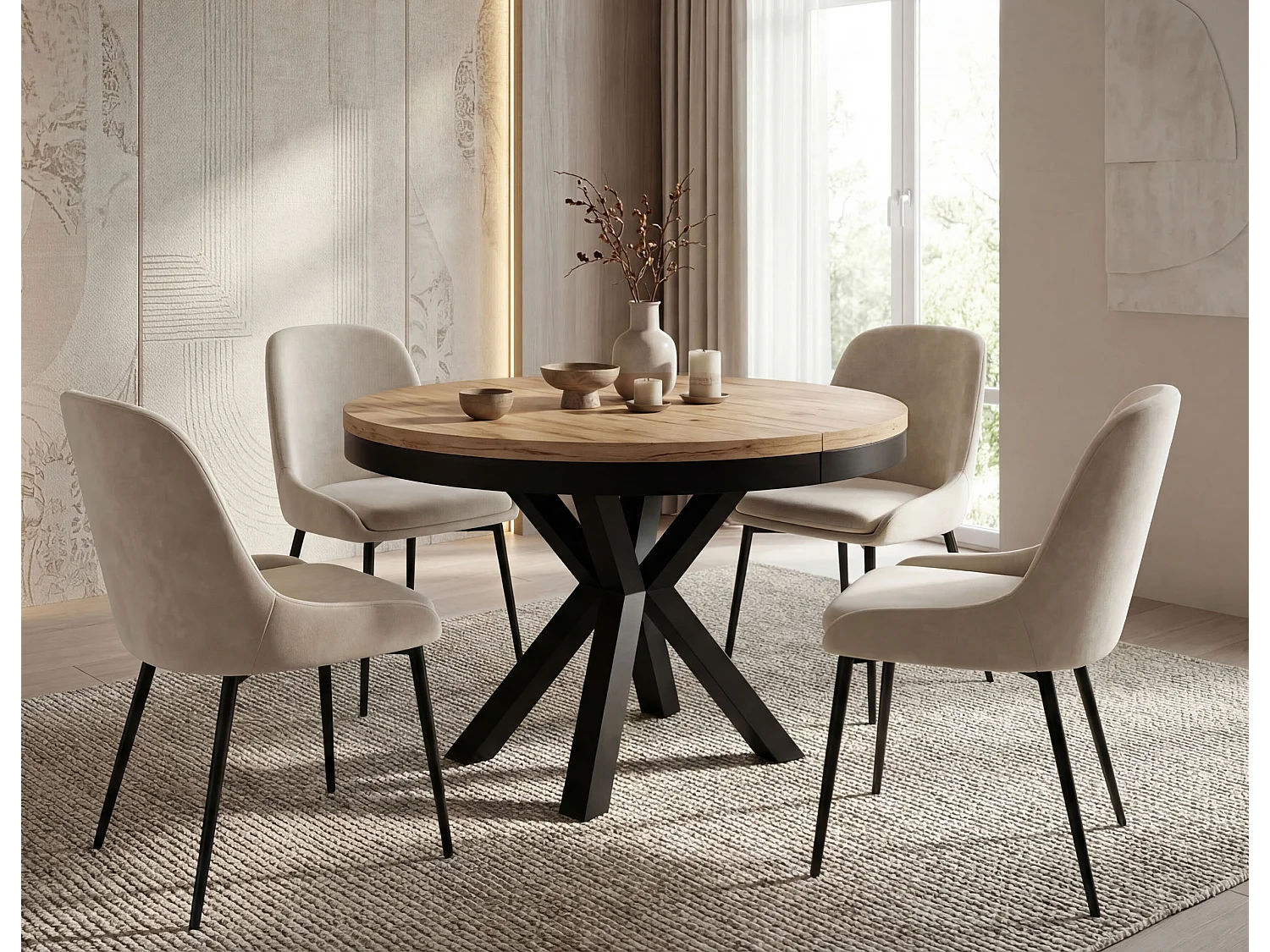 Runder Ausziehbarer Esstisch im Loft-Stil - Industrieller Tisch mit Schwarzen Metallbeinen - Platzsparender Tisch für Wohnzimmer - Craft Eiche - 120 bis 200 cm