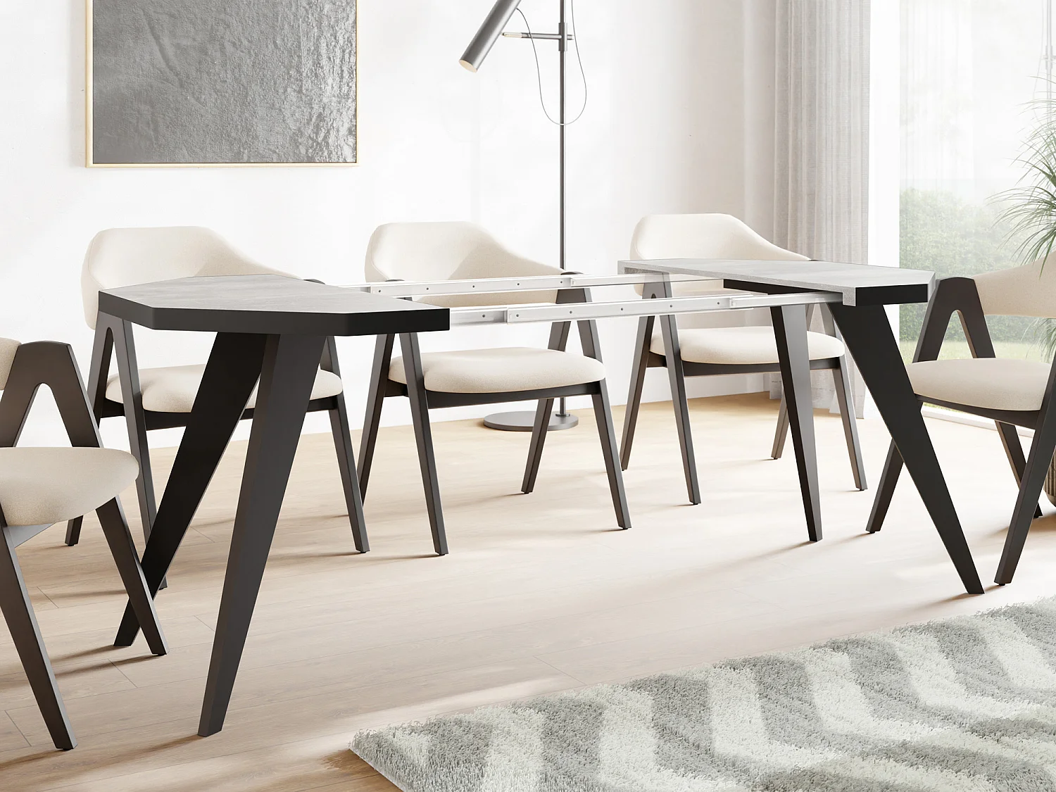 Moderner Runder Ausziehbarer Esstisch Diamond mit Schwarz Holzbeinen – Erweiterbar bis 150 cm, ideal für 4 bis 6 Personen - Loft-Stil Tisch für Küche - Beton Grau