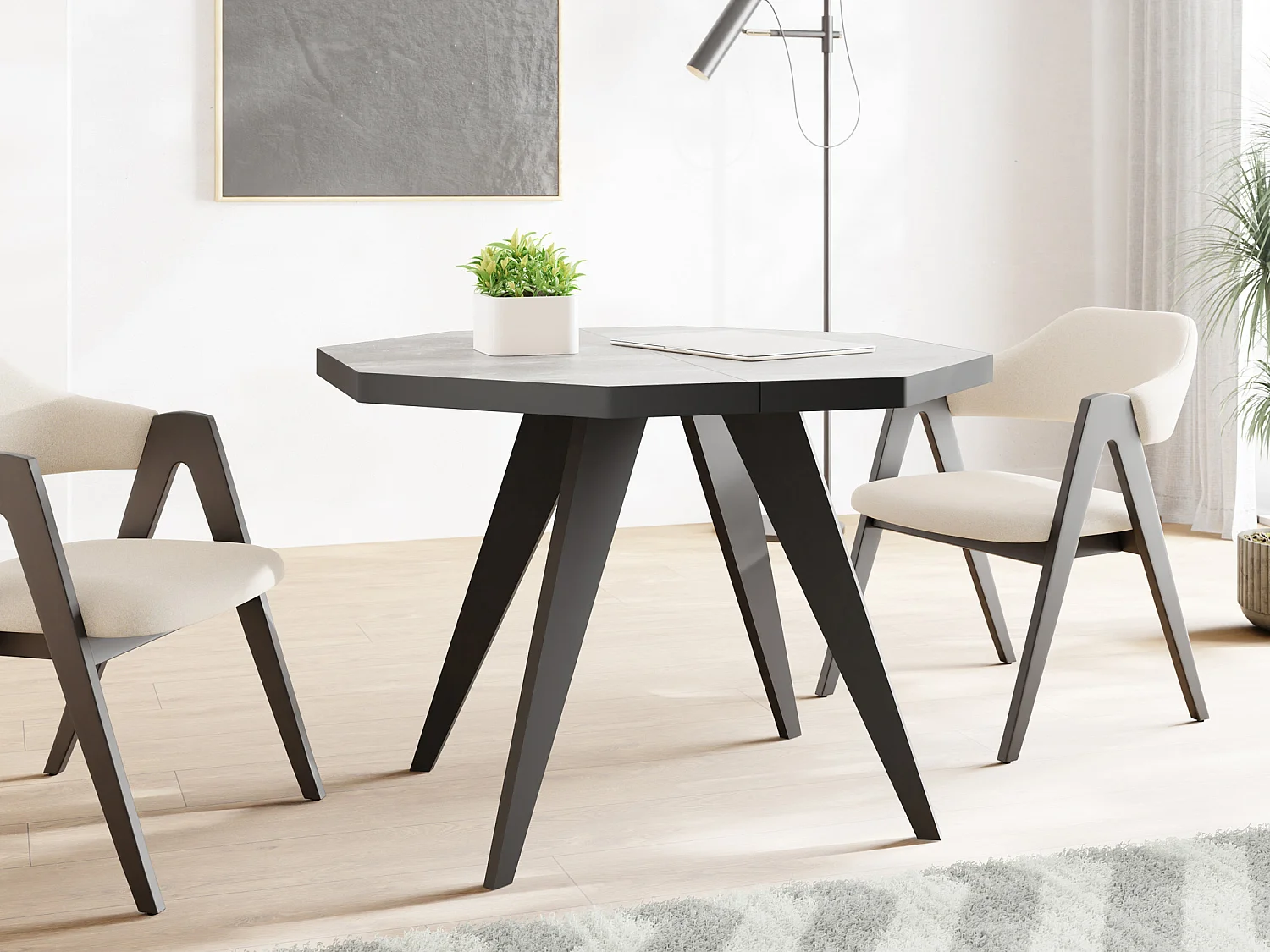 Moderner Runder Ausziehbarer Esstisch Diamond mit Schwarz Holzbeinen – Erweiterbar bis 150 cm, ideal für 4 bis 6 Personen - Loft-Stil Tisch für Küche - Beton Grau
