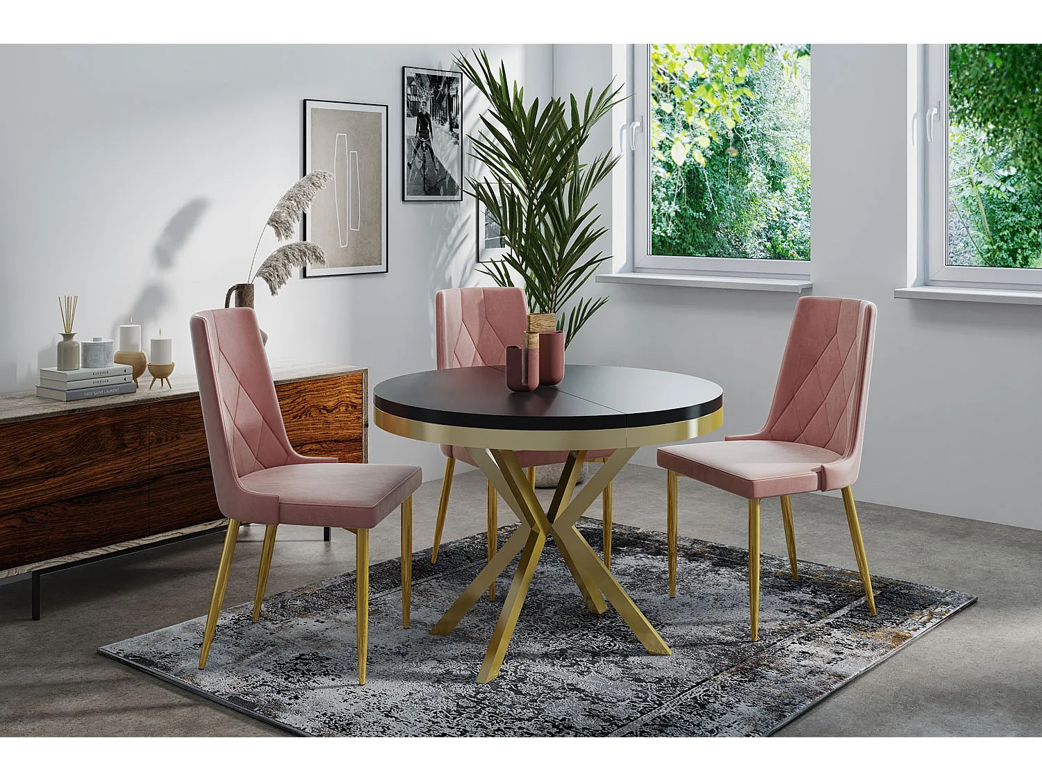 Runder Ausziehbarer Esstisch - Loft Style Tisch mit Goldenen Metallbeinen - 120 bis 200 cm - Industrieller Tisch für Wohnzimmer - Kompakt - 120 cm - Schwarz