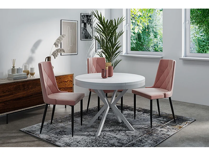 Table à Manger Extensible Ronde - Table Style Loft Avec Pieds en Métal Blancs - 120 à 200 cm - Table Ronde Style Industriel Pour le Salon - 120 cm - Blanc