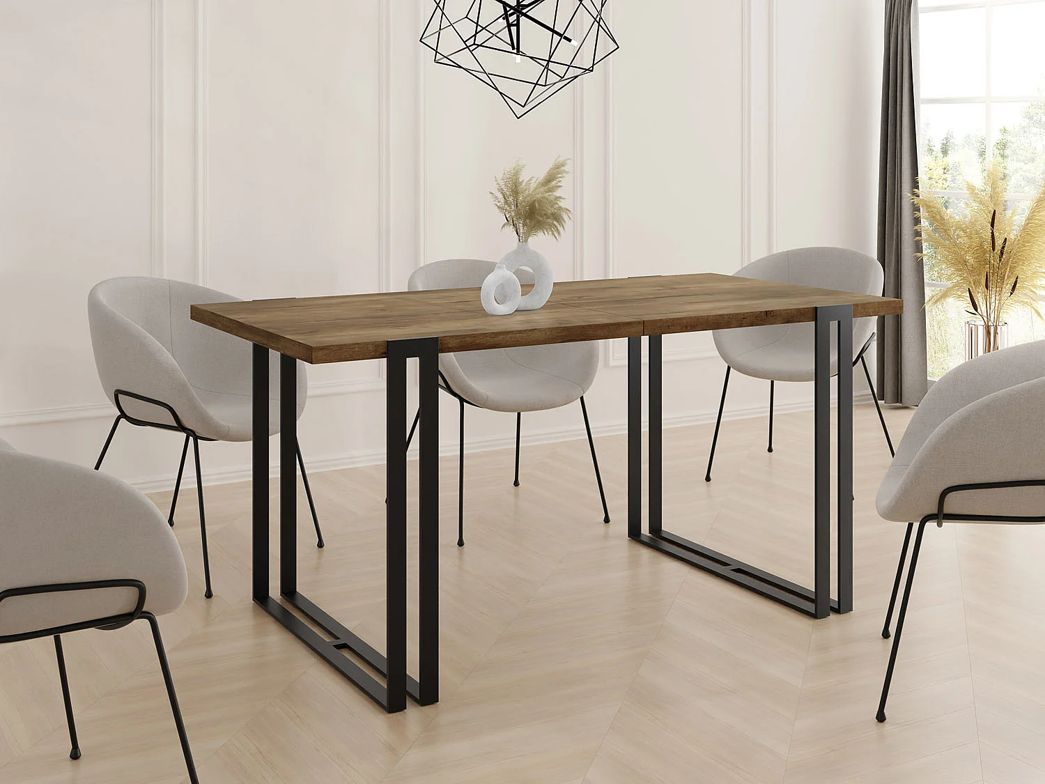 Ausziehbarer Esstisch - Großer Tisch im Loft-Stil mit Schwarze Metallbeinen 140 bis 240 cm - Industrietisch für das Wohnzimmer - Lefkas Eiche - 140 x 80 cm