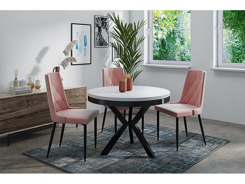 Table à manger ronde extensible style Loft - Grande table industrielle avec pieds en métal - Gain de place pour salon et séjour - Blanc - 100 à 140 cm