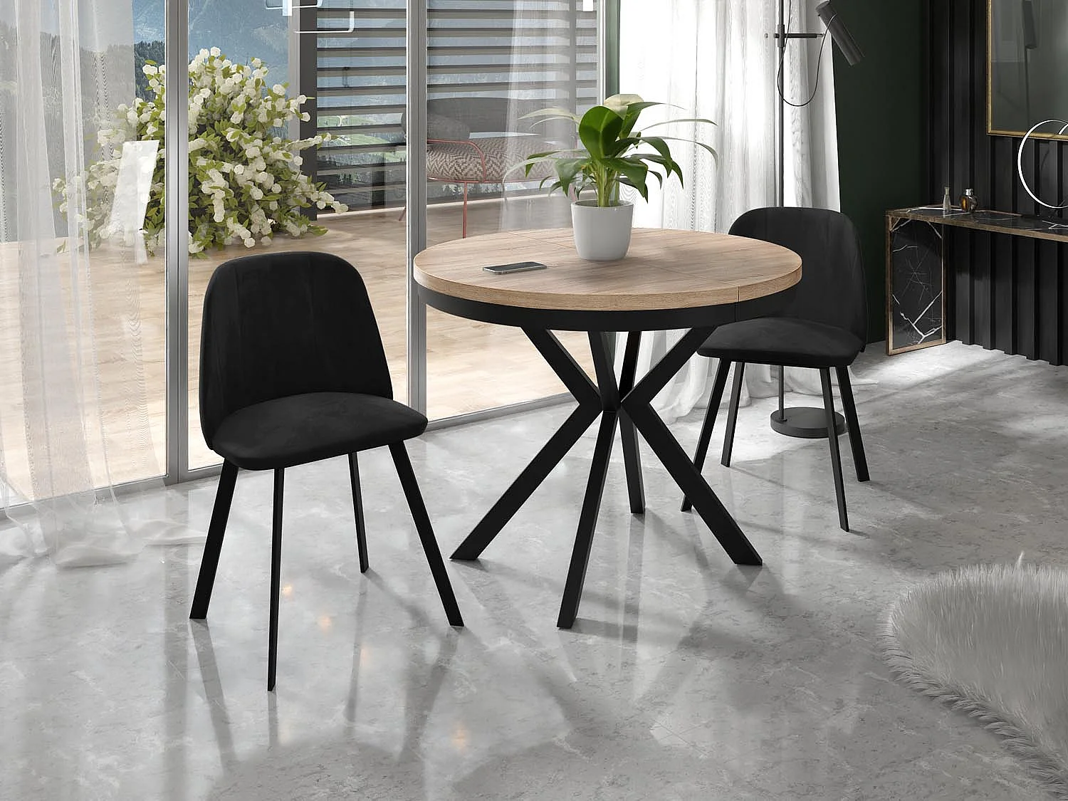 Runder Ausziehbarer Esstisch - Loft Style Tisch mit Metallbeinen - 90 bis 170 cm - Industrieller Tisch für Wohnzimmer - Kompakt - 90 cm - Sonoma Eiche