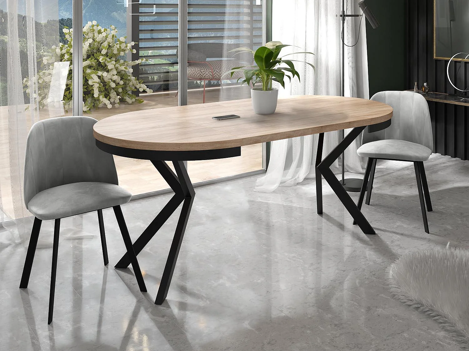 Runder Ausziehbarer Esstisch - Loft Style Tisch mit Metallbeinen - 90 bis 170 cm - Industrieller Tisch für Wohnzimmer - Kompakt - 90 cm - Sonoma Eiche