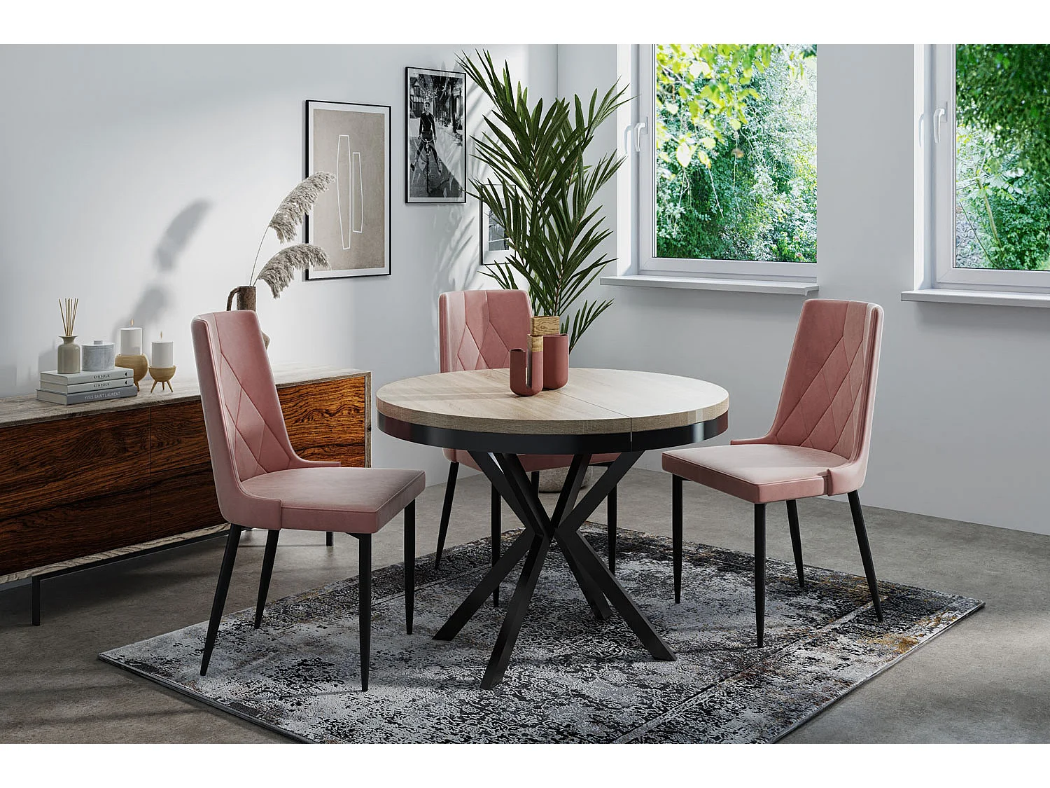Runder Ausziehbarer Esstisch - Loft Style Tisch mit Metallbeinen - 90 bis 170 cm - Industrieller Tisch für Wohnzimmer - Kompakt - 90 cm - Sonoma Eiche